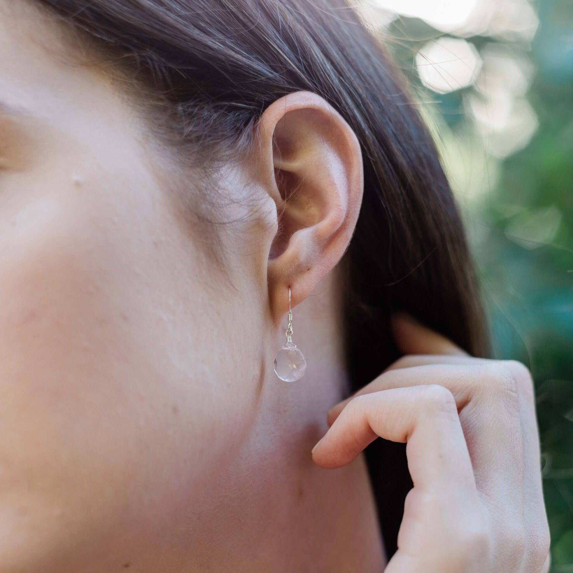 Rose Quartz Gemstone Teardrop Dangle Earrings - Rose Quartz Gemstone Teardrop Dangle Earrings - Sterling Silver - Luna Tide Handmade Crystal Jewellery