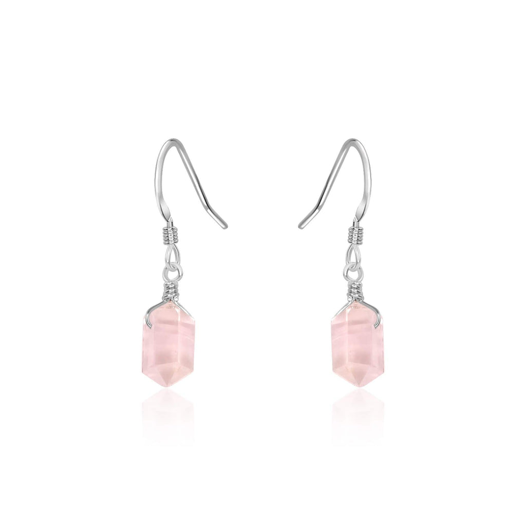 Rose Quartz Mini Double Terminated Crystal Point Dangle Drop Earrings - Rose Quartz Mini Double Terminated Crystal Point Dangle Drop Earrings - Sterling Silver - Luna Tide Handmade Crystal Jewellery
