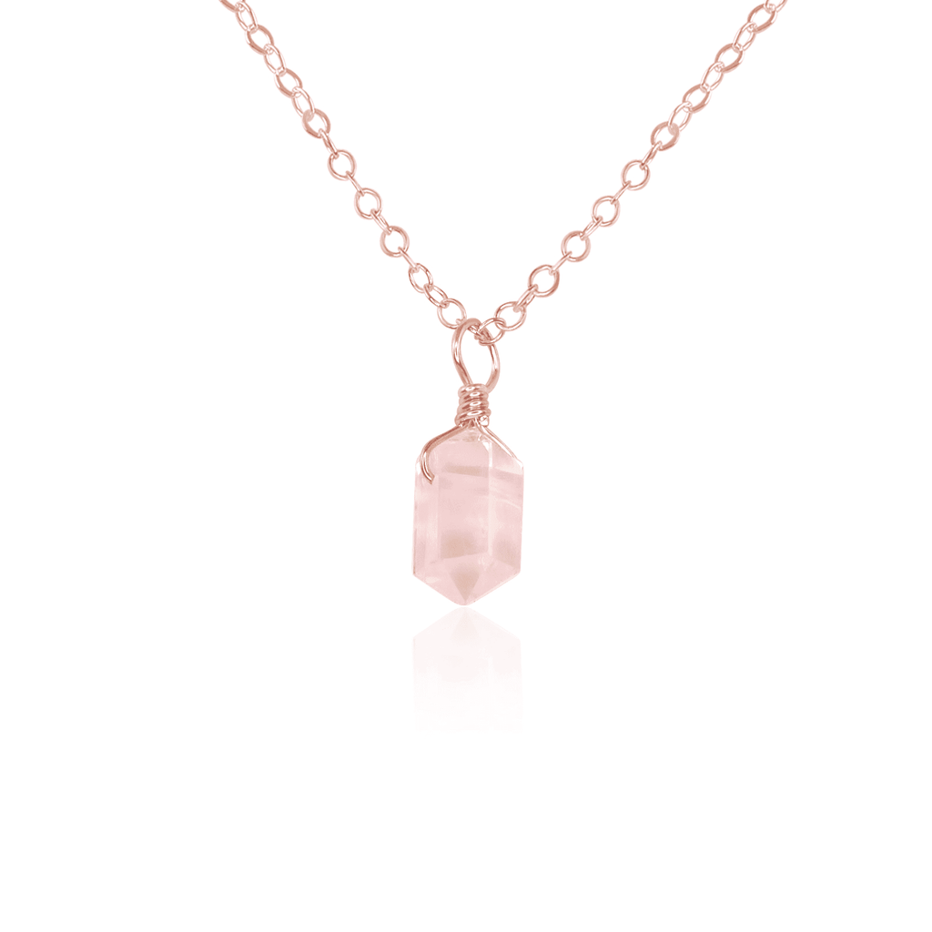 Rose Quartz Mini Double Terminated Crystal Point Pendant Necklace - Rose Quartz Mini Double Terminated Crystal Point Pendant Necklace - 14k Rose Gold Fill / Cable - Luna Tide Handmade Crystal Jewellery