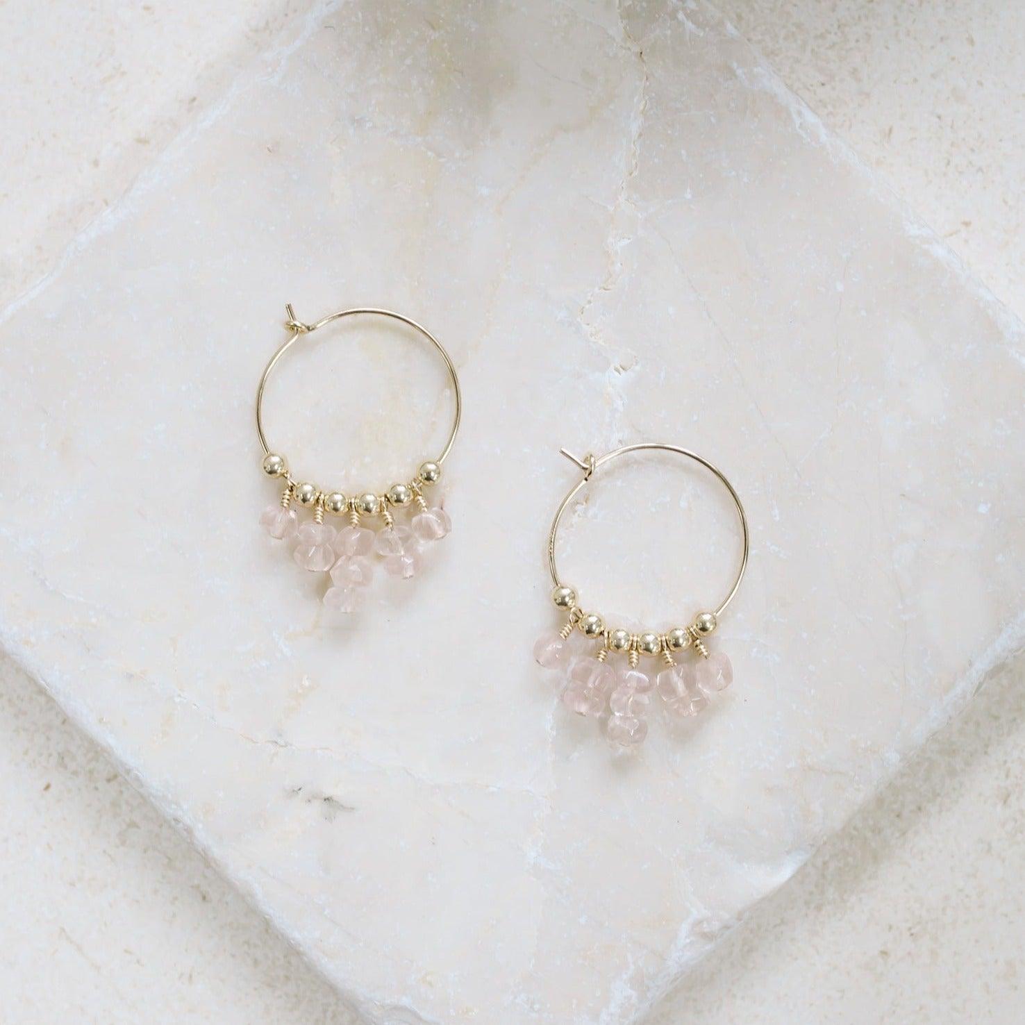 Rose Quartz Statement Hoop Earrings - Rose Quartz Statement Hoop Earrings - 14k Gold Fill - Luna Tide Handmade Crystal Jewellery