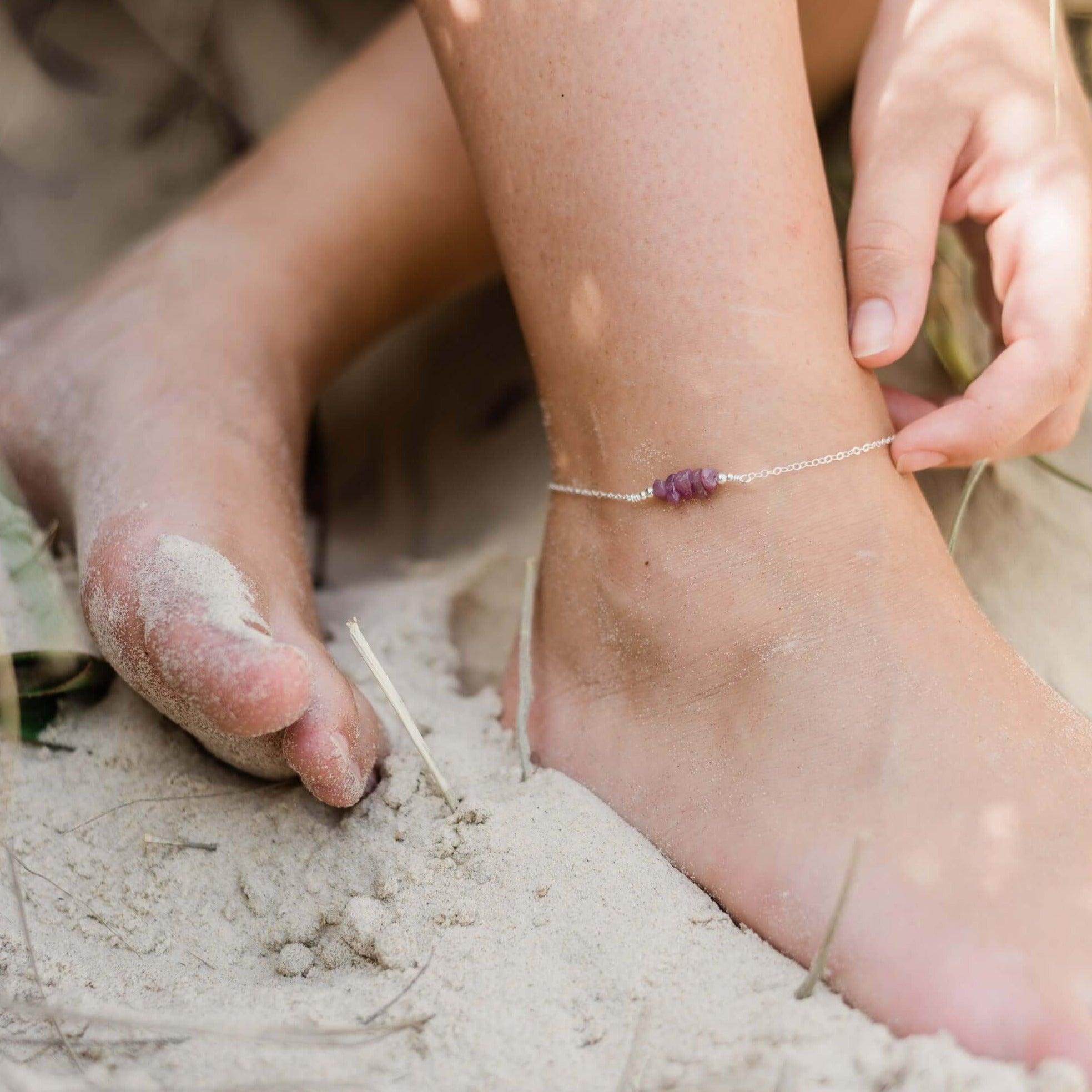 Ruby Chip Bead Bar Anklet - Ruby Chip Bead Bar Anklet - Sterling Silver - Luna Tide Handmade Crystal Jewellery