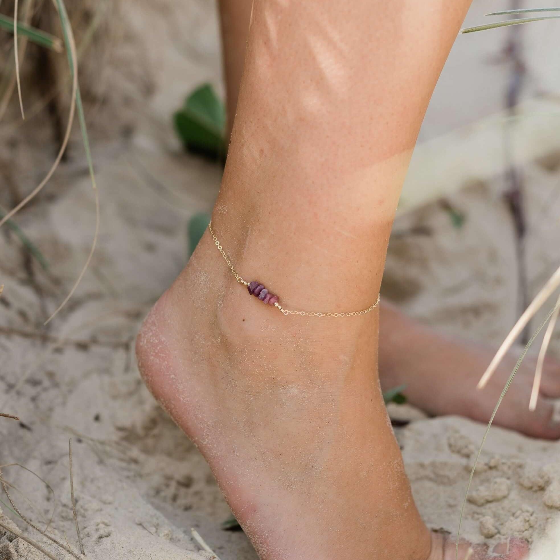 Ruby Chip Bead Bar Anklet - Ruby Chip Bead Bar Anklet - Sterling Silver - Luna Tide Handmade Crystal Jewellery