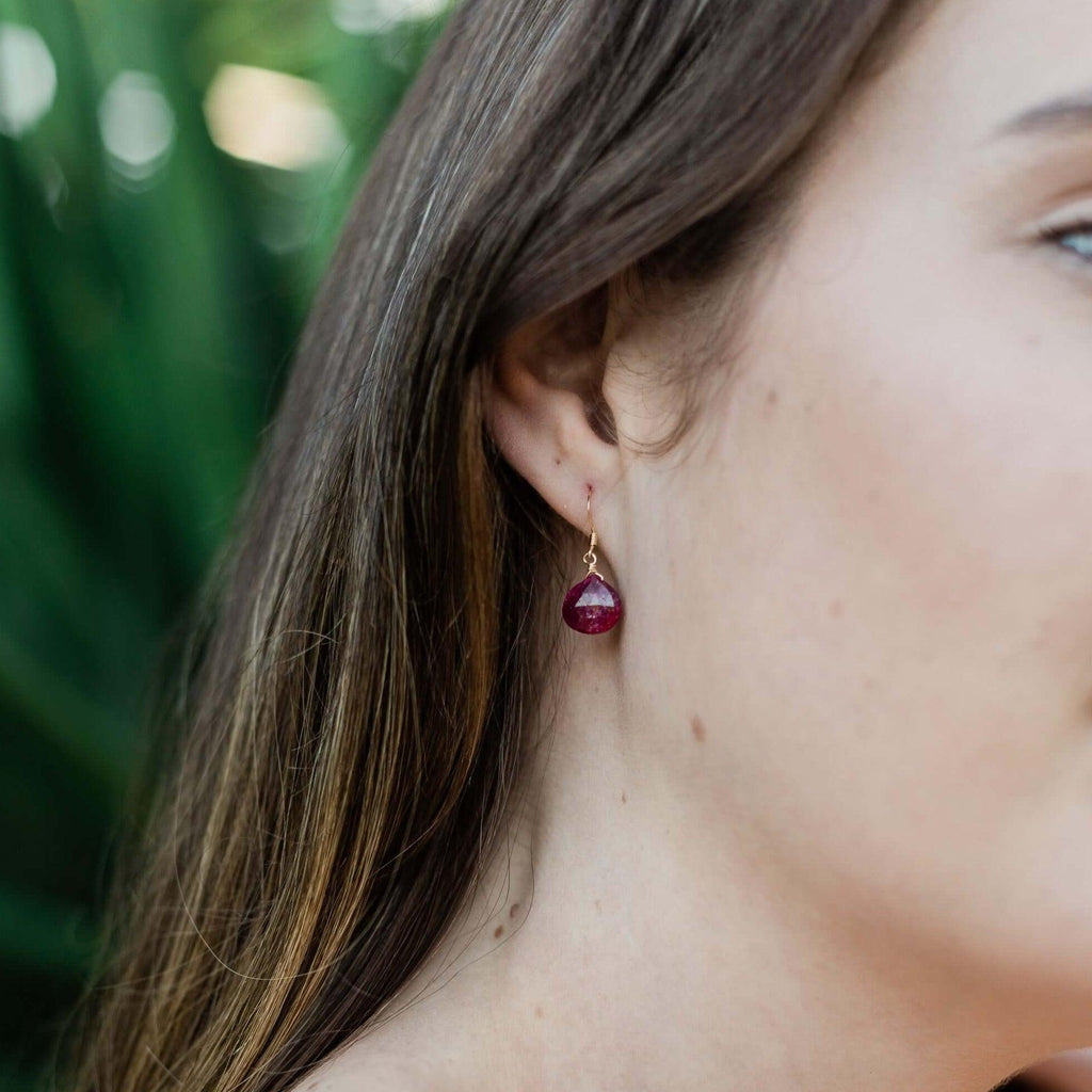 Ruby Gemstone Teardrop Dangle Earrings - Ruby Gemstone Teardrop Dangle Earrings - 14k Gold Fill - Luna Tide Handmade Crystal Jewellery