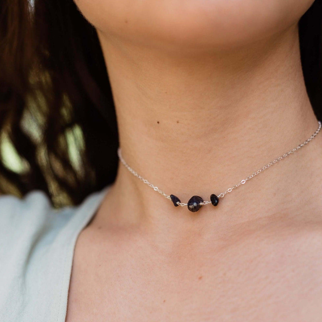 Sapphire Beaded Chain Choker Necklace - Sapphire Beaded Chain Choker Necklace - Sterling Silver - Luna Tide Handmade Crystal Jewellery