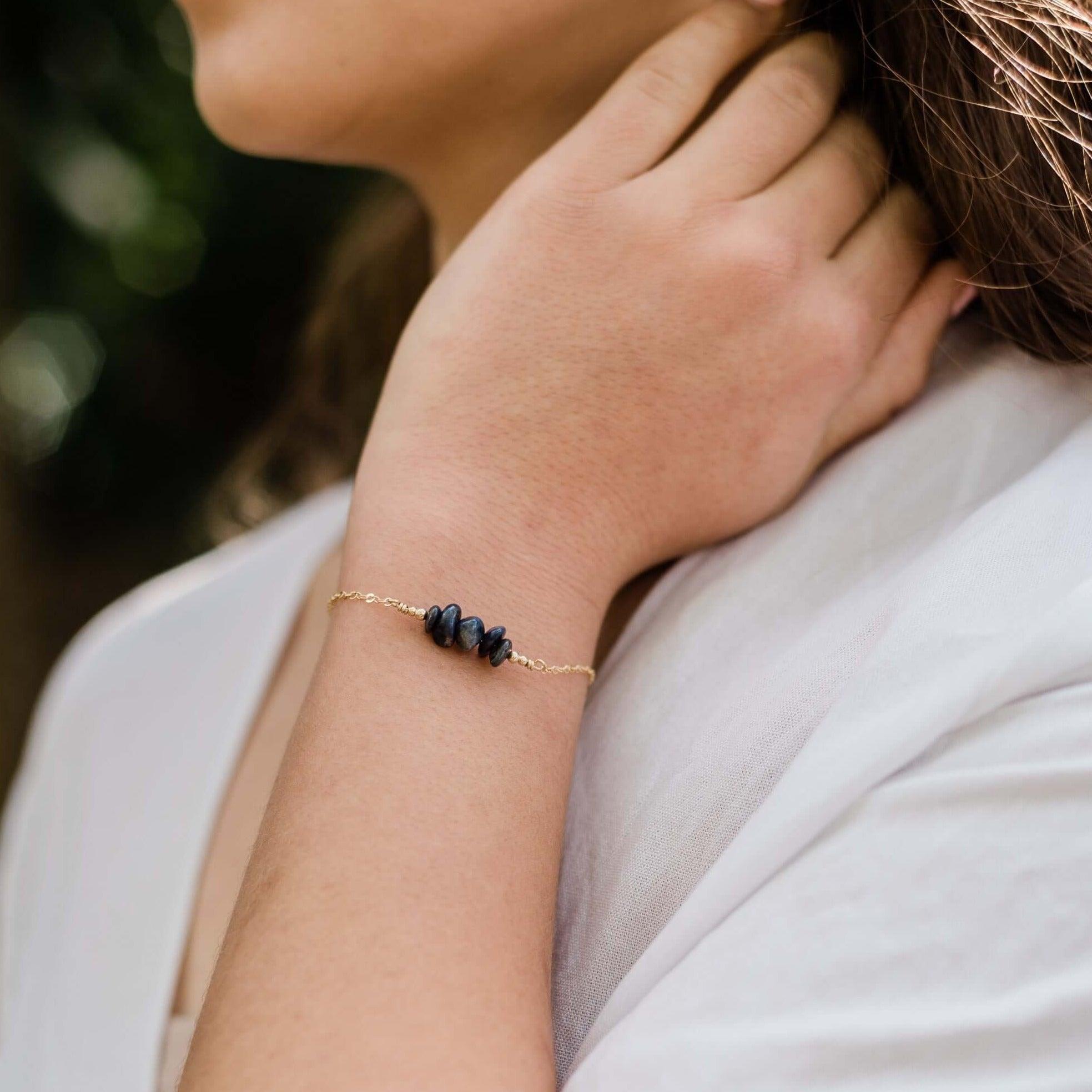 Sapphire Chip Bead Bar Bracelet - Sapphire Chip Bead Bar Bracelet - 14k Gold Fill - Luna Tide Handmade Crystal Jewellery