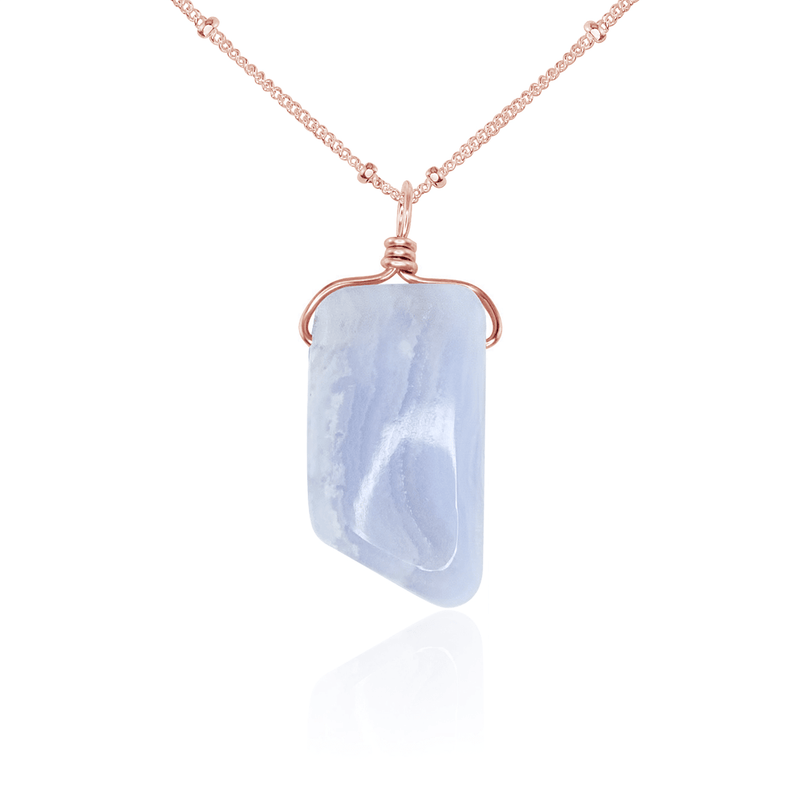 Small Smooth Blue Lace Agate Gentle Point Crystal Pendant Necklace - Small Smooth Blue Lace Agate Gentle Point Crystal Pendant Necklace - 14k Rose Gold Fill / Satellite - Luna Tide Handmade Crystal Jewellery