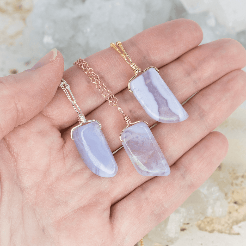 Small Smooth Blue Lace Agate Gentle Point Crystal Pendant Necklace - Small Smooth Blue Lace Agate Gentle Point Crystal Pendant Necklace - Sterling Silver / Cable - Luna Tide Handmade Crystal Jewellery
