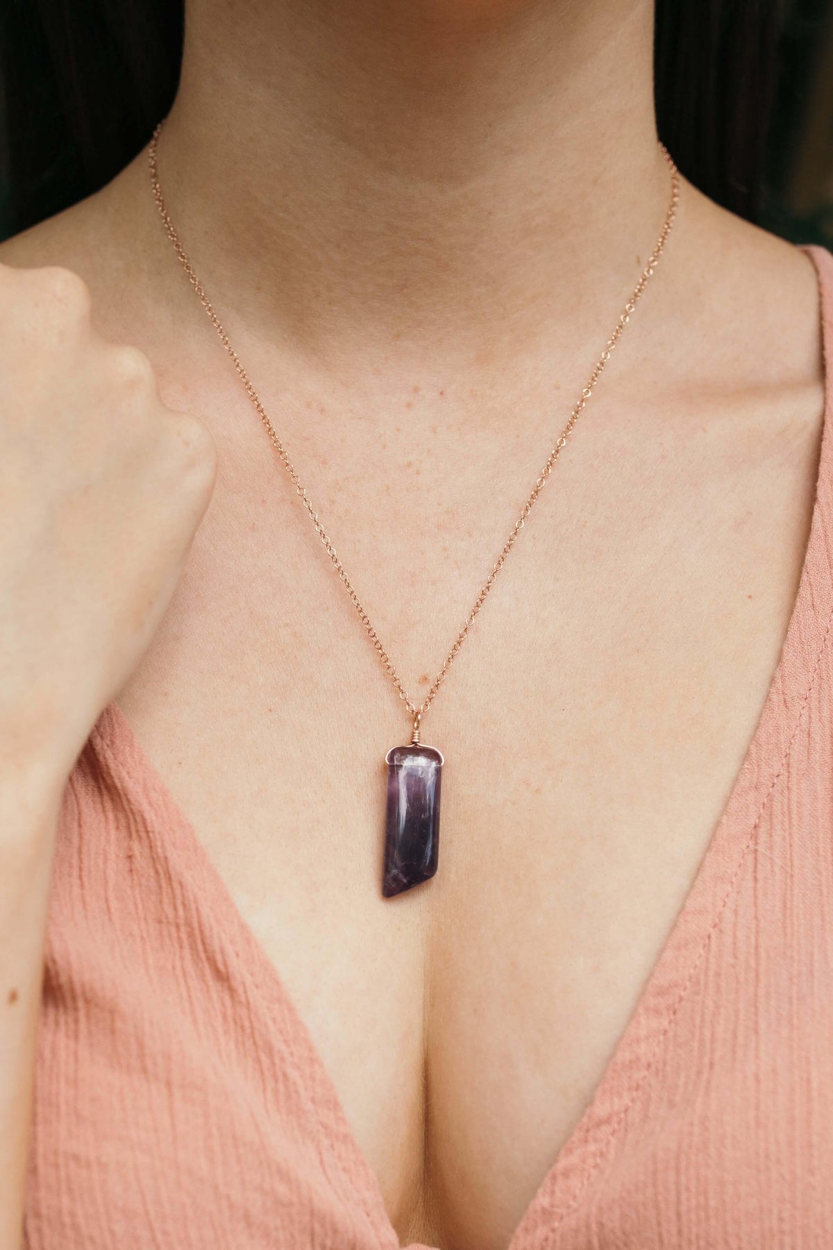Smooth Point Pendant Necklace - Amethyst - 14K Rose Gold Fill - Luna Tide Handmade Jewellery