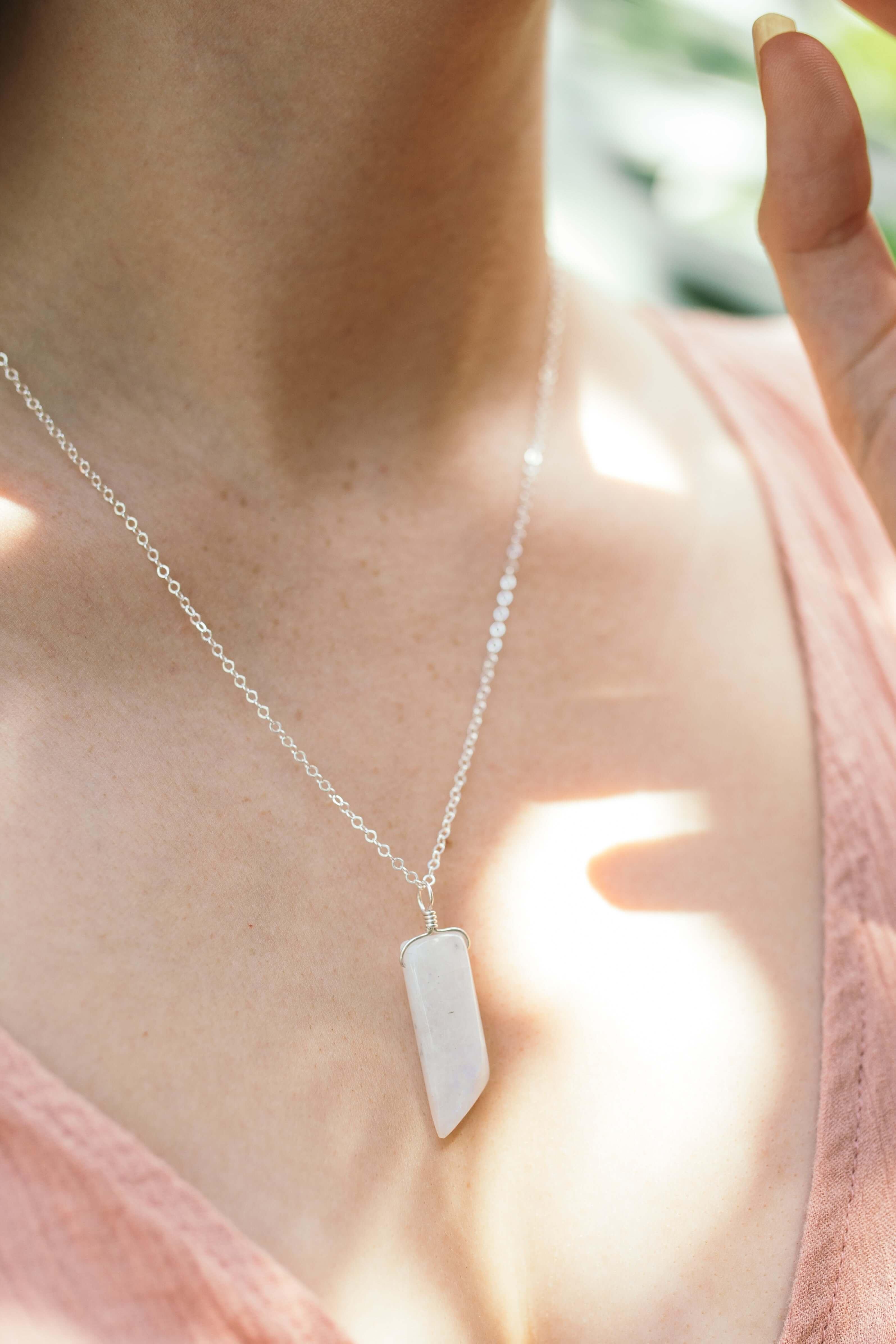 Smooth Rainbow Moonstone Natural Point Crystal Necklace - Smooth Rainbow Moonstone Natural Point Crystal Necklace - 14k Rose Gold Fill / Cable - Luna Tide Handmade Crystal Jewellery