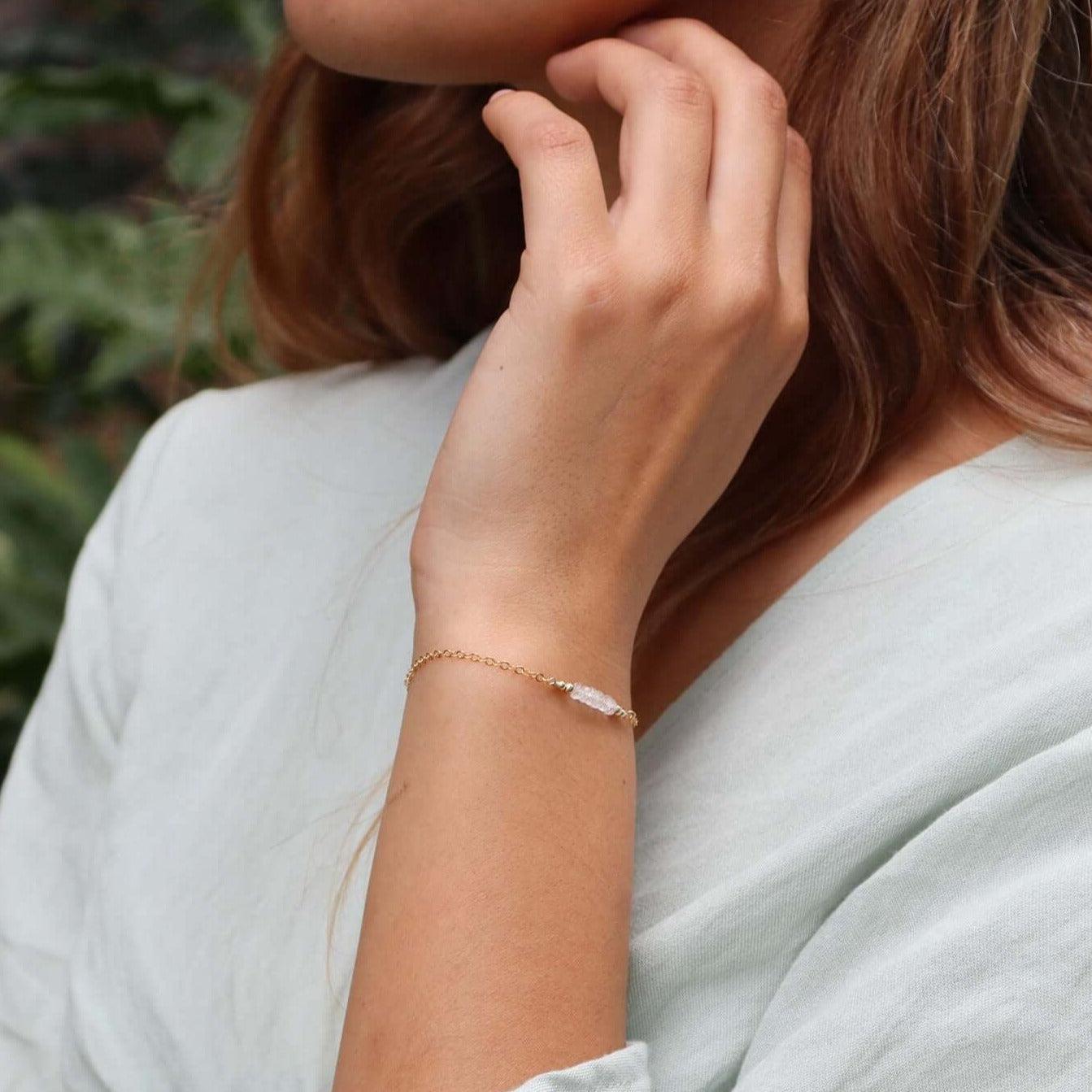 Sparkling Crystal Quartz Gemstone Faceted Bead Bar Bracelet - Sparkling Crystal Quartz Gemstone Faceted Bead Bar Bracelet - 14k Gold Fill - Luna Tide Handmade Crystal Jewellery