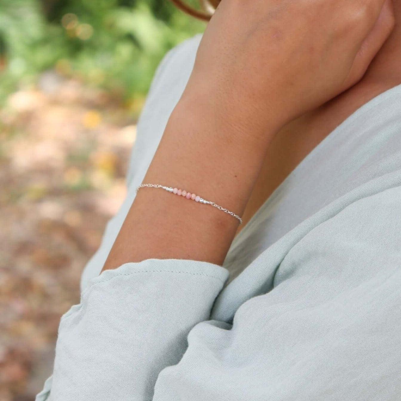 Sparkling Pink Peruvian Opal Gemstone Faceted Bead Bar Bracelet - Sparkling Pink Peruvian Opal Gemstone Faceted Bead Bar Bracelet - 14k Rose Gold Fill - Luna Tide Handmade Crystal Jewellery