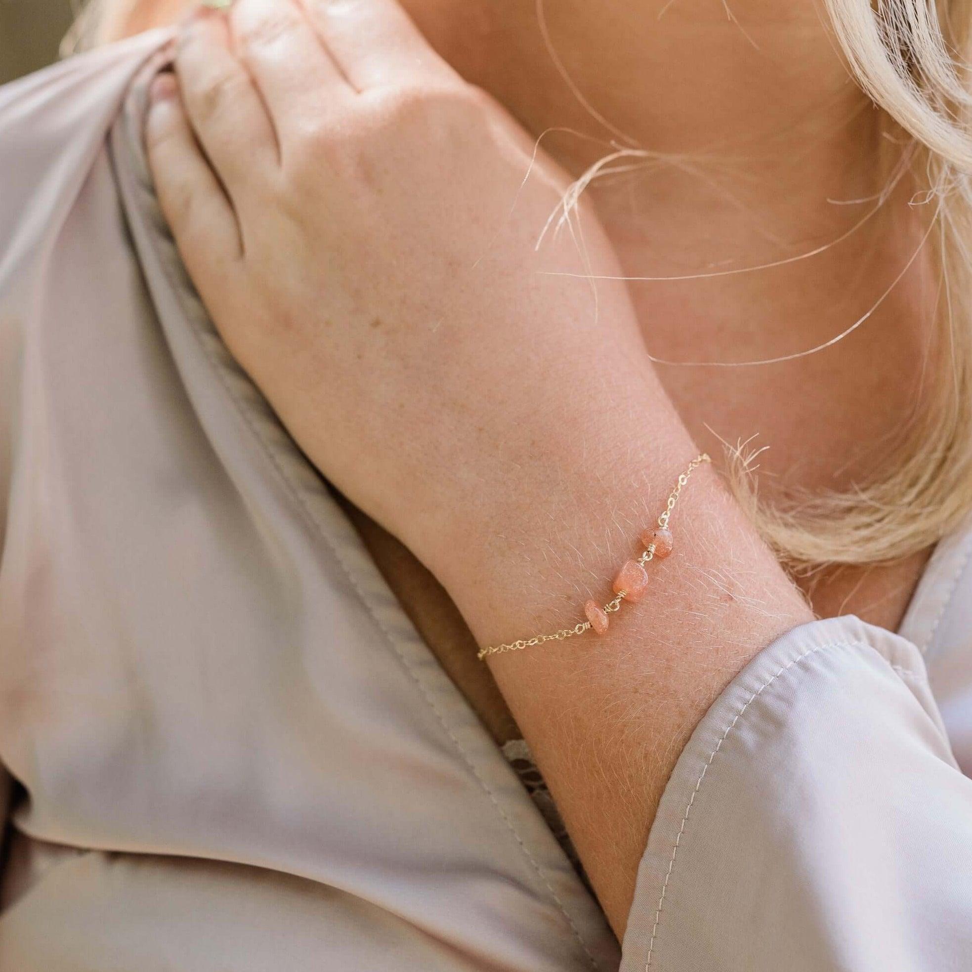 Sunstone Beaded Chain Bracelet - Sunstone Beaded Chain Bracelet - Sterling Silver - Luna Tide Handmade Crystal Jewellery