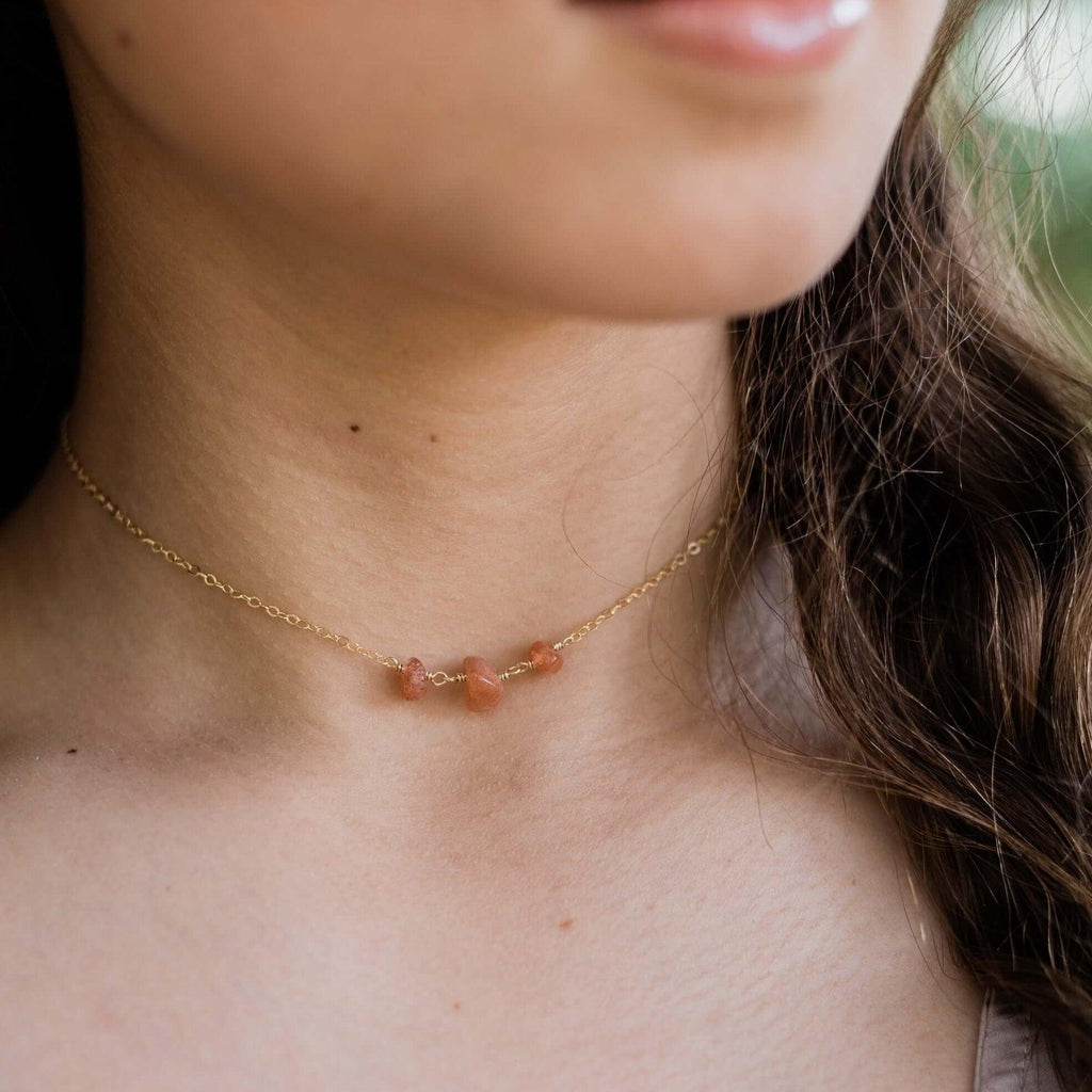 Sunstone Beaded Chain Choker Necklace - Sunstone Beaded Chain Choker Necklace - 14k Gold Fill - Luna Tide Handmade Crystal Jewellery