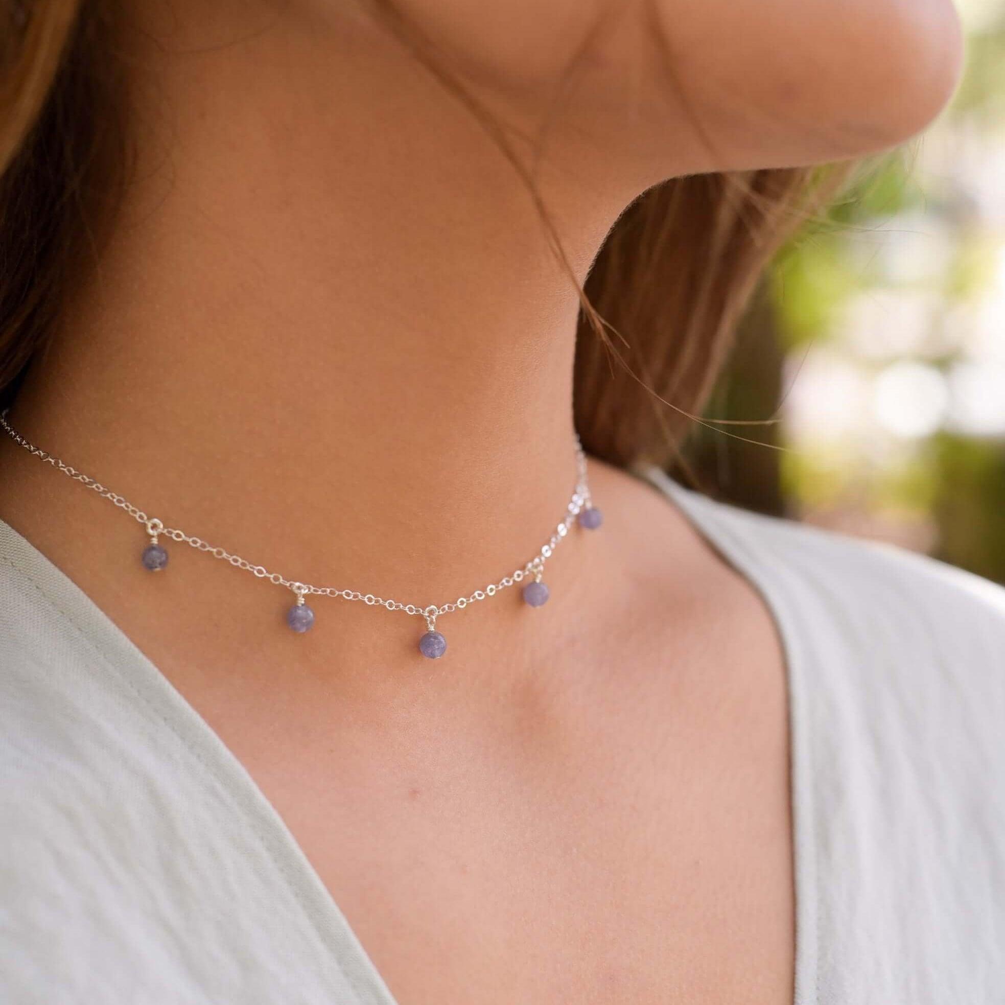 Tanzanite Bead Drop Choker - Tanzanite Bead Drop Choker - Sterling Silver - Luna Tide Handmade Crystal Jewellery