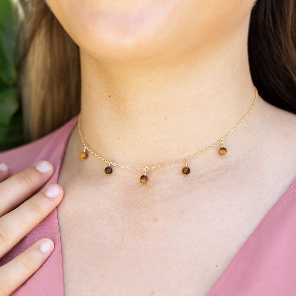 Tiger's Eye Bead Drop Choker - Tiger's Eye Bead Drop Choker - 14k Gold Fill - Luna Tide Handmade Crystal Jewellery
