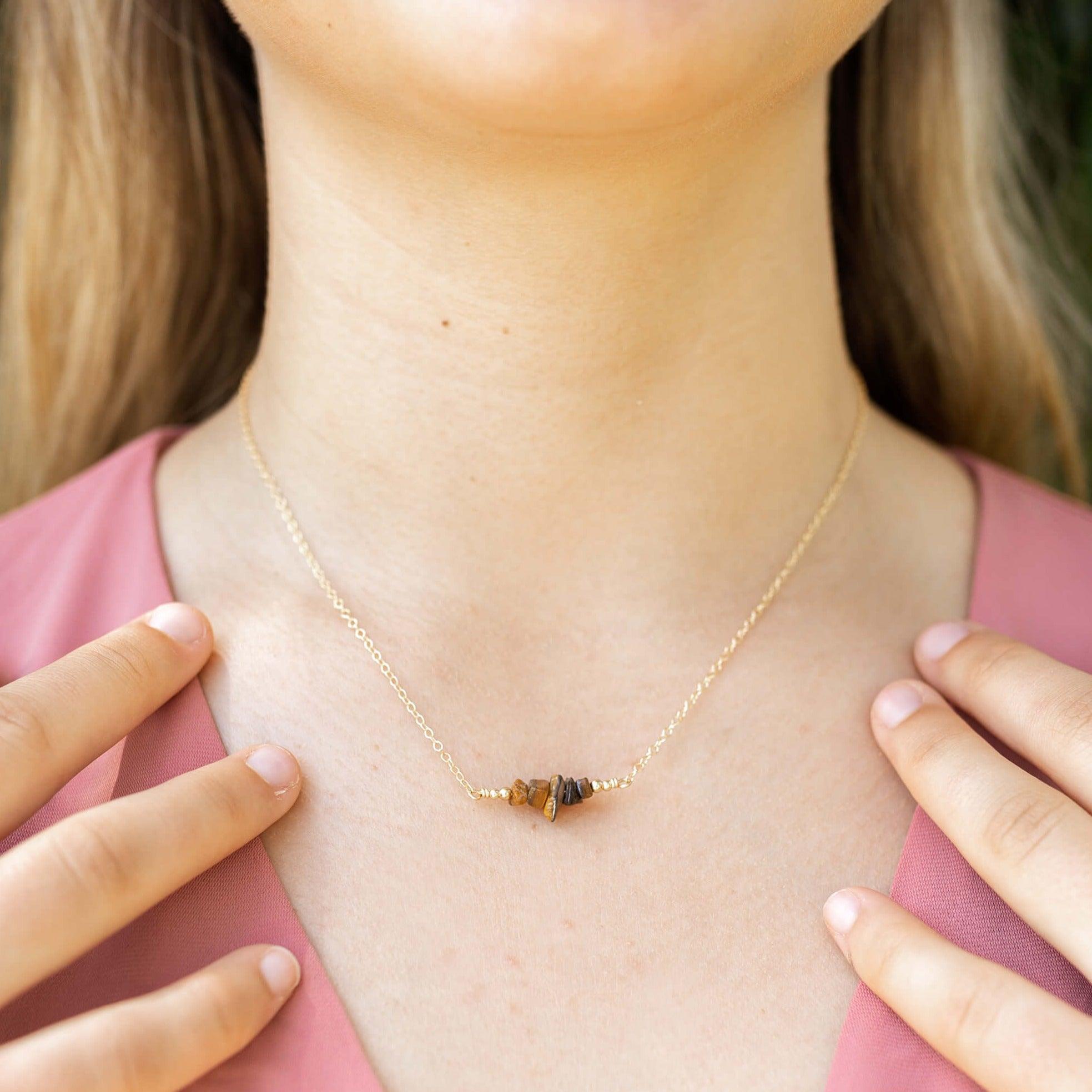 Tigers Eye Chip Bead Bar Necklace - Tigers Eye Chip Bead Bar Necklace - 14k Gold Fill - Luna Tide Handmade Crystal Jewellery