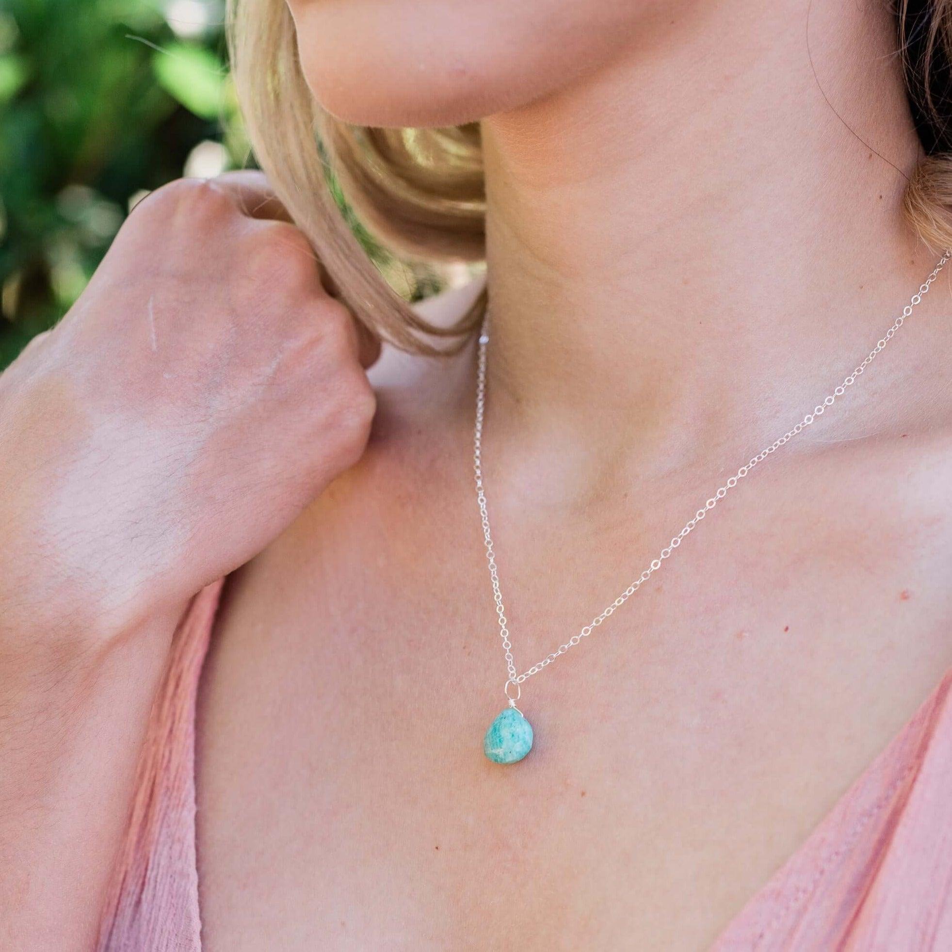 Tiny Amazonite Teardrop Necklace - Tiny Amazonite Teardrop Necklace - 14k Gold Fill / Cable - Luna Tide Handmade Crystal Jewellery
