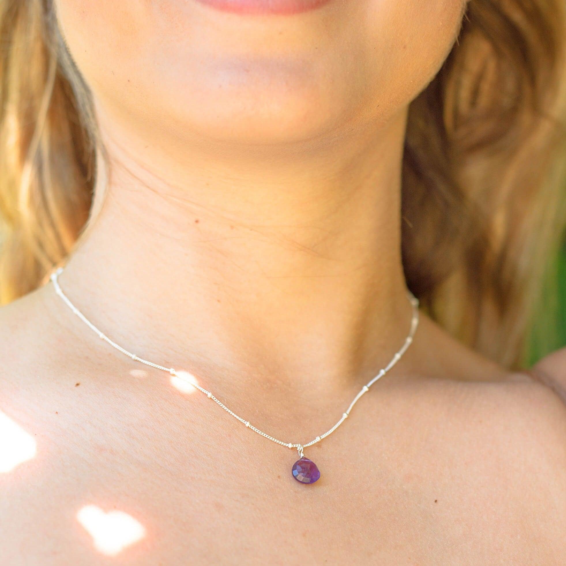 Tiny Amethyst Teardrop Crystal Necklace - Tiny Amethyst Teardrop Crystal Necklace - Sterling Silver / Cable - Luna Tide Handmade Crystal Jewellery