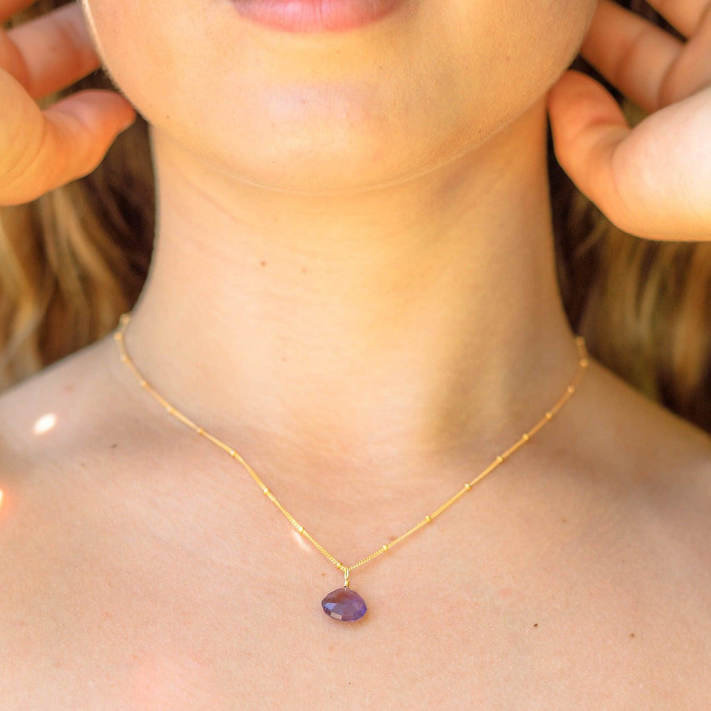 Tiny Amethyst Teardrop Crystal Necklace - Tiny Amethyst Teardrop Crystal Necklace - Sterling Silver / Cable - Luna Tide Handmade Crystal Jewellery