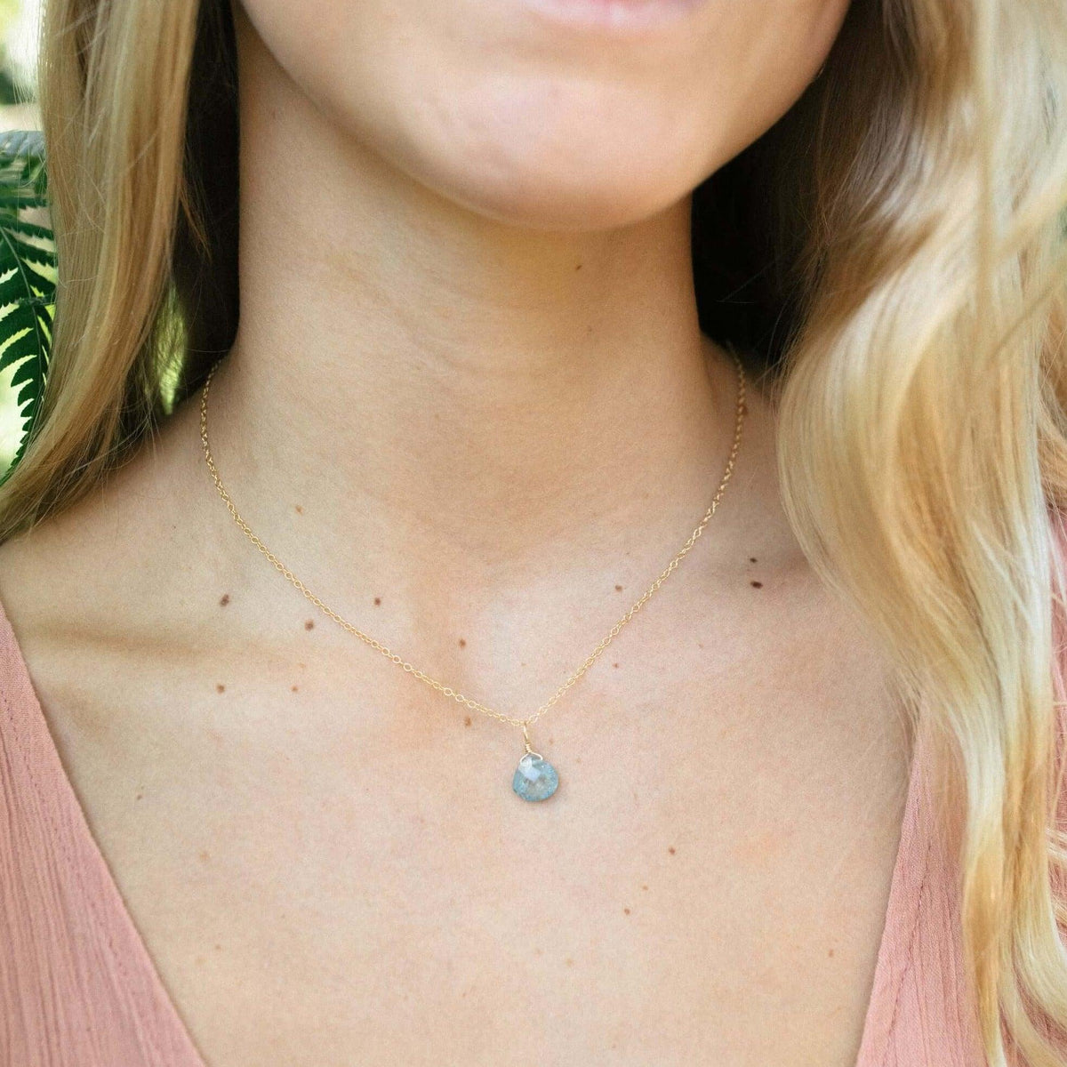 Tiny Aquamarine Teardrop Necklace - Tiny Aquamarine Teardrop Necklace - Sterling Silver / Cable - Luna Tide Handmade Crystal Jewellery