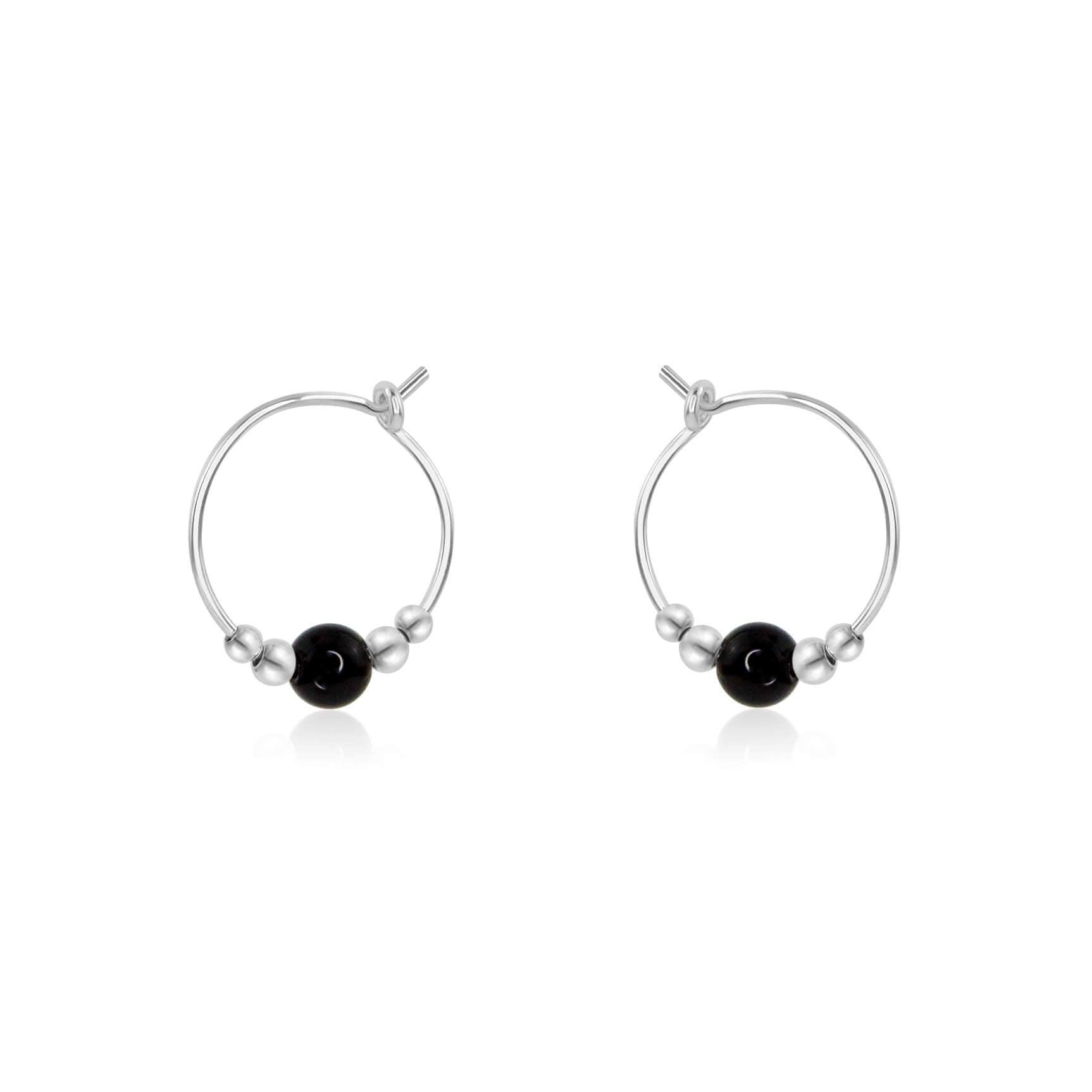Tiny Black Onyx Bead Hoop Earrings - Tiny Black Onyx Bead Hoop Earrings - Sterling Silver - Luna Tide Handmade Crystal Jewellery
