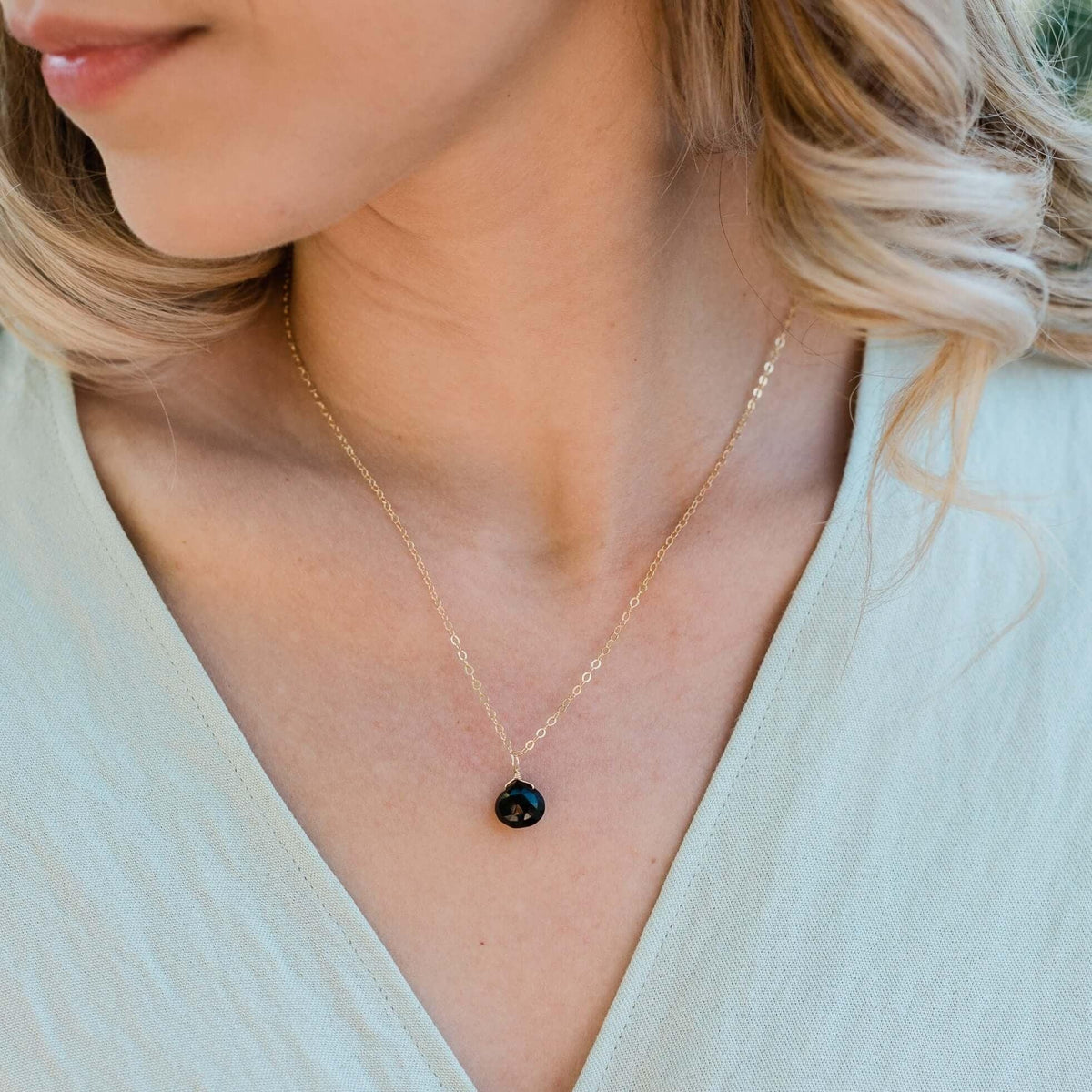 Tiny Black Onyx Teardrop Necklace - Tiny Black Onyx Teardrop Necklace - 14k Gold Fill / Cable - Luna Tide Handmade Crystal Jewellery