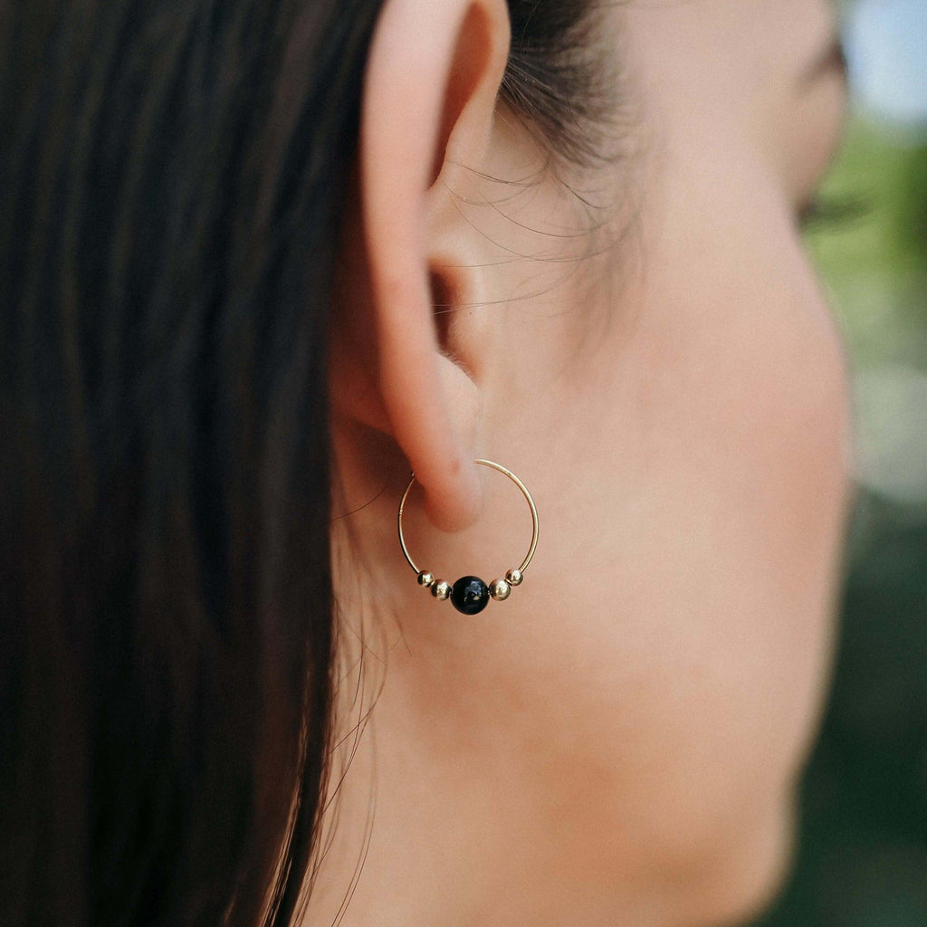 Tiny Black Tourmaline Bead Hoop Earrings - Tiny Black Tourmaline Bead Hoop Earrings - 14k Gold Fill - Luna Tide Handmade Crystal Jewellery