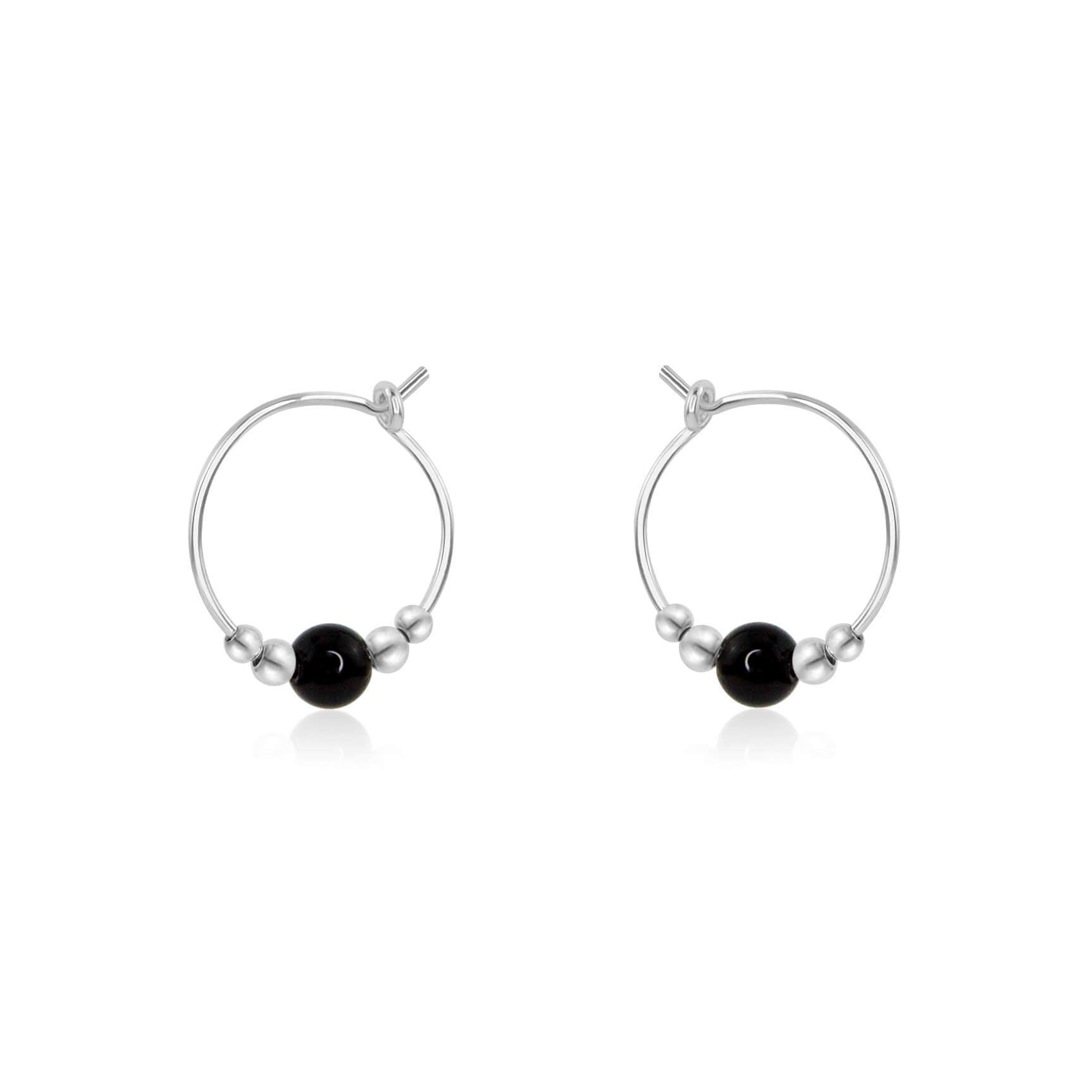 Tiny Black Tourmaline Bead Hoop Earrings - Tiny Black Tourmaline Bead Hoop Earrings - Sterling Silver - Luna Tide Handmade Crystal Jewellery