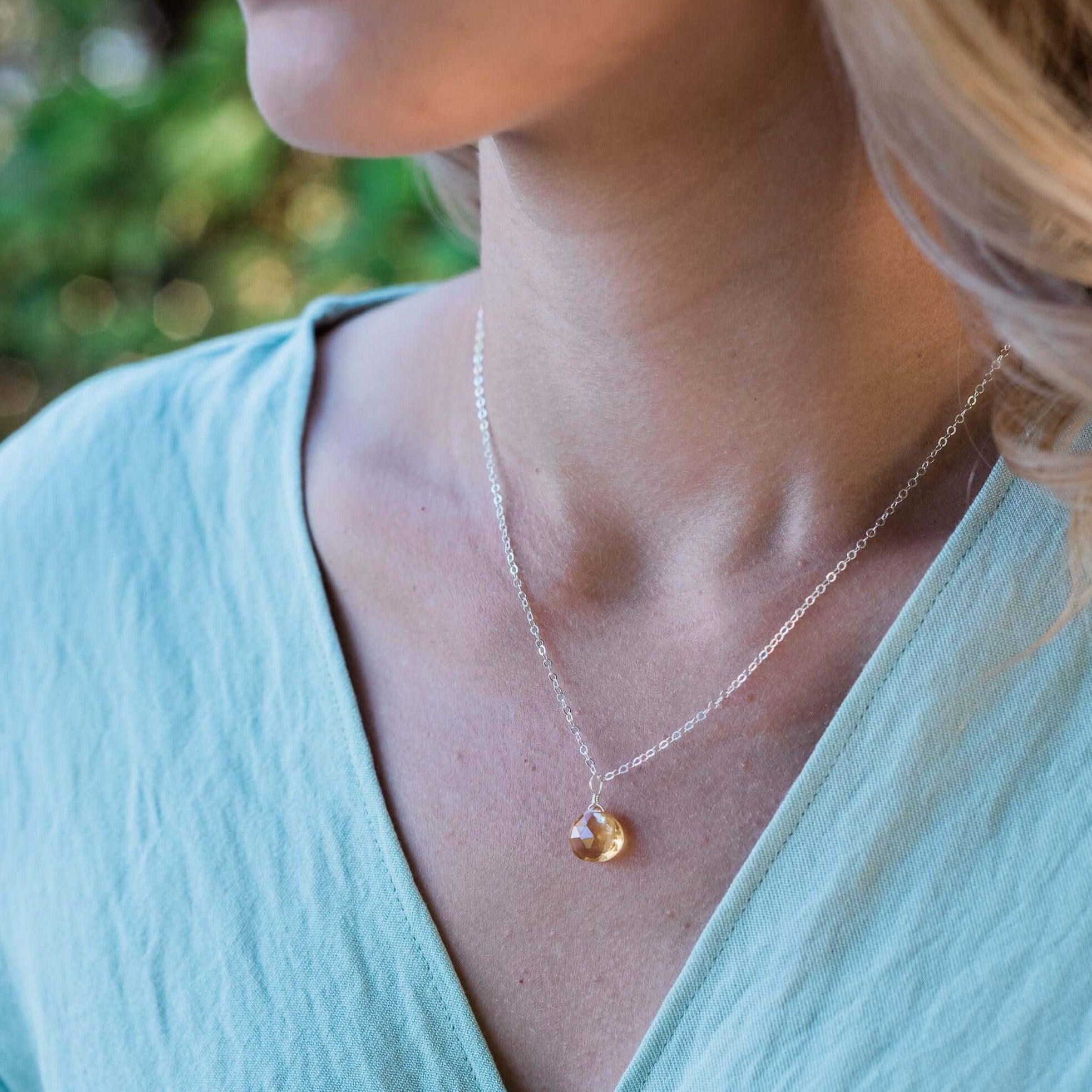 Tiny Citrine Teardrop Crystal Necklace - Tiny Citrine Teardrop Crystal Necklace - 14k Gold Fill / Cable - Luna Tide Handmade Crystal Jewellery