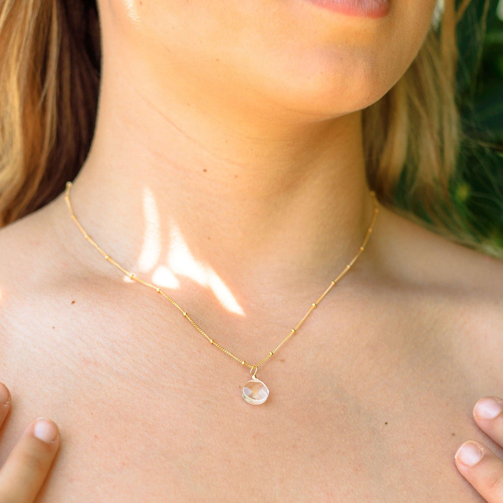 Tiny Crystal Quartz Teardrop Necklace - Tiny Crystal Quartz Teardrop Necklace - Sterling Silver / Cable - Luna Tide Handmade Crystal Jewellery