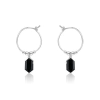 Tiny Double Terminated Crystal Hoop Dangle Earrings - Black Tourmaline - Sterling Silver - Luna Tide Handmade Jewellery