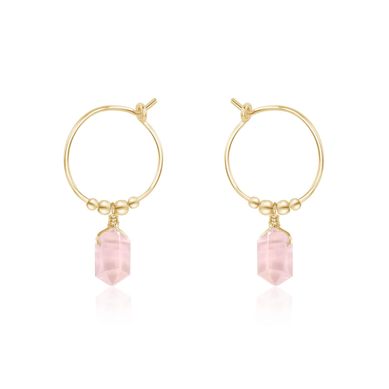 Tiny Double Terminated Crystal Hoop Dangle Earrings - Rose Quartz - 14K Gold Fill - Luna Tide Handmade Jewellery