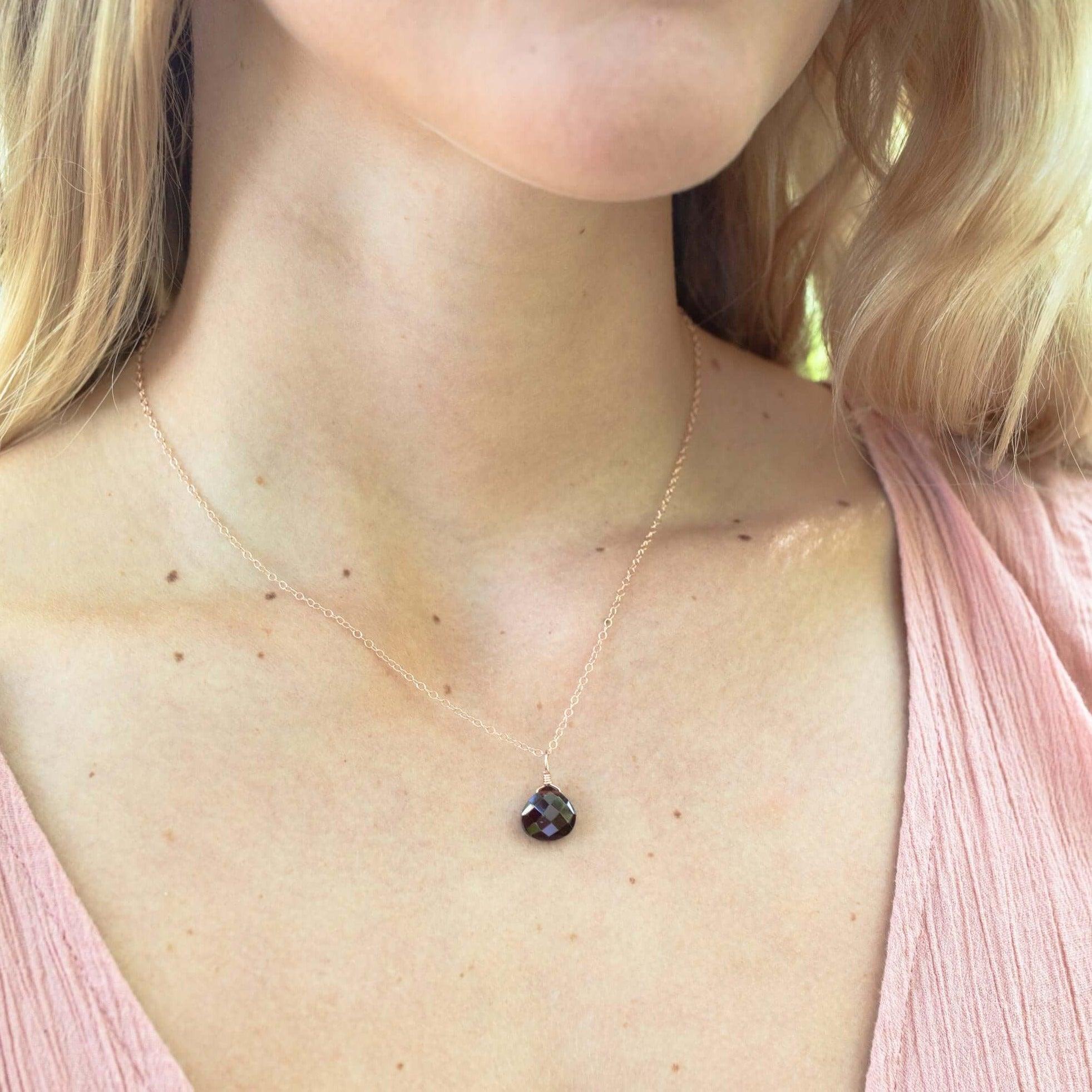 Tiny Garnet Teardrop Necklace - Tiny Garnet Teardrop Necklace - Sterling Silver / Cable - Luna Tide Handmade Crystal Jewellery