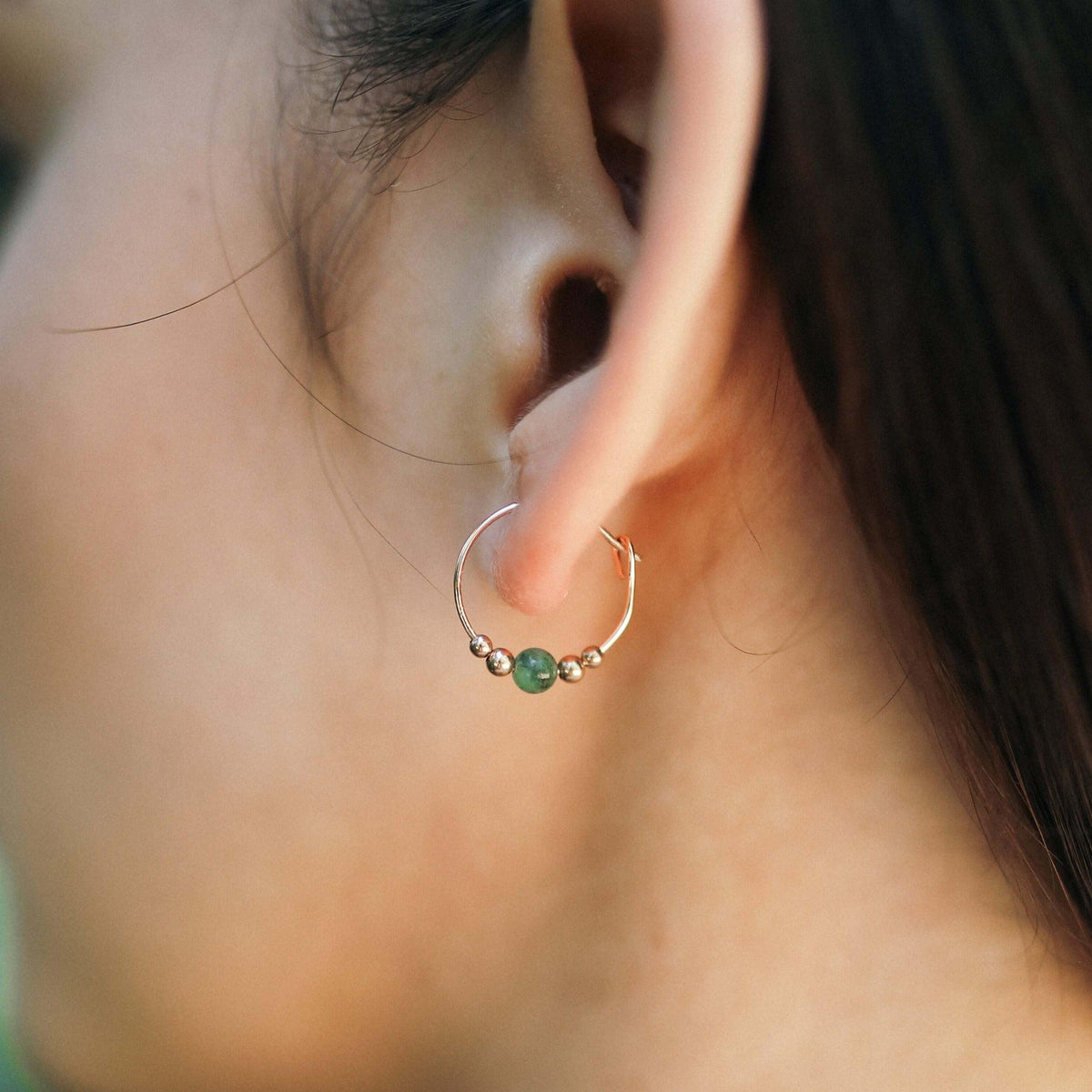 Tiny Green Emerald Gemstone Bead Hoop Earrings - Tiny Green Emerald Gemstone Bead Hoop Earrings - 14k Gold Fill - Luna Tide Handmade Crystal Jewellery