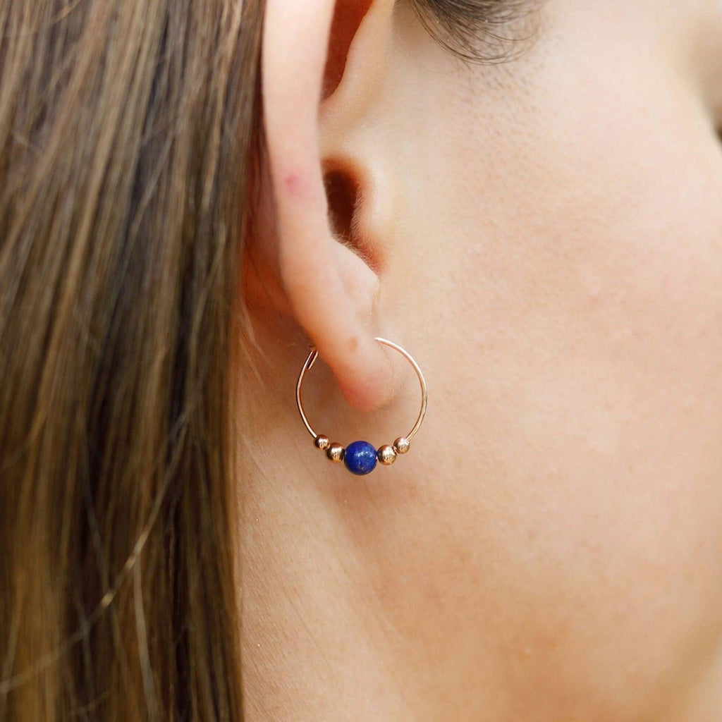 Tiny Lapis Lazuli Gemstone Bead Hoop Earrings - Tiny Lapis Lazuli Gemstone Bead Hoop Earrings - Sterling Silver - Luna Tide Handmade Crystal Jewellery