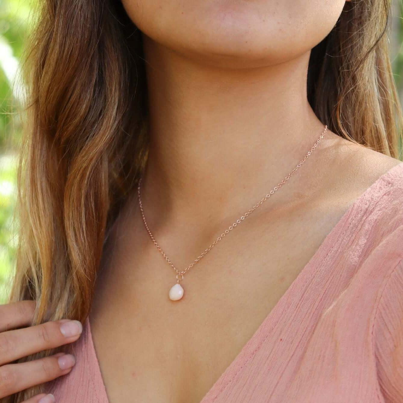 Tiny Pink Peruvian Opal Teardrop Necklace - Tiny Pink Peruvian Opal Teardrop Necklace - Sterling Silver / Cable - Luna Tide Handmade Crystal Jewellery