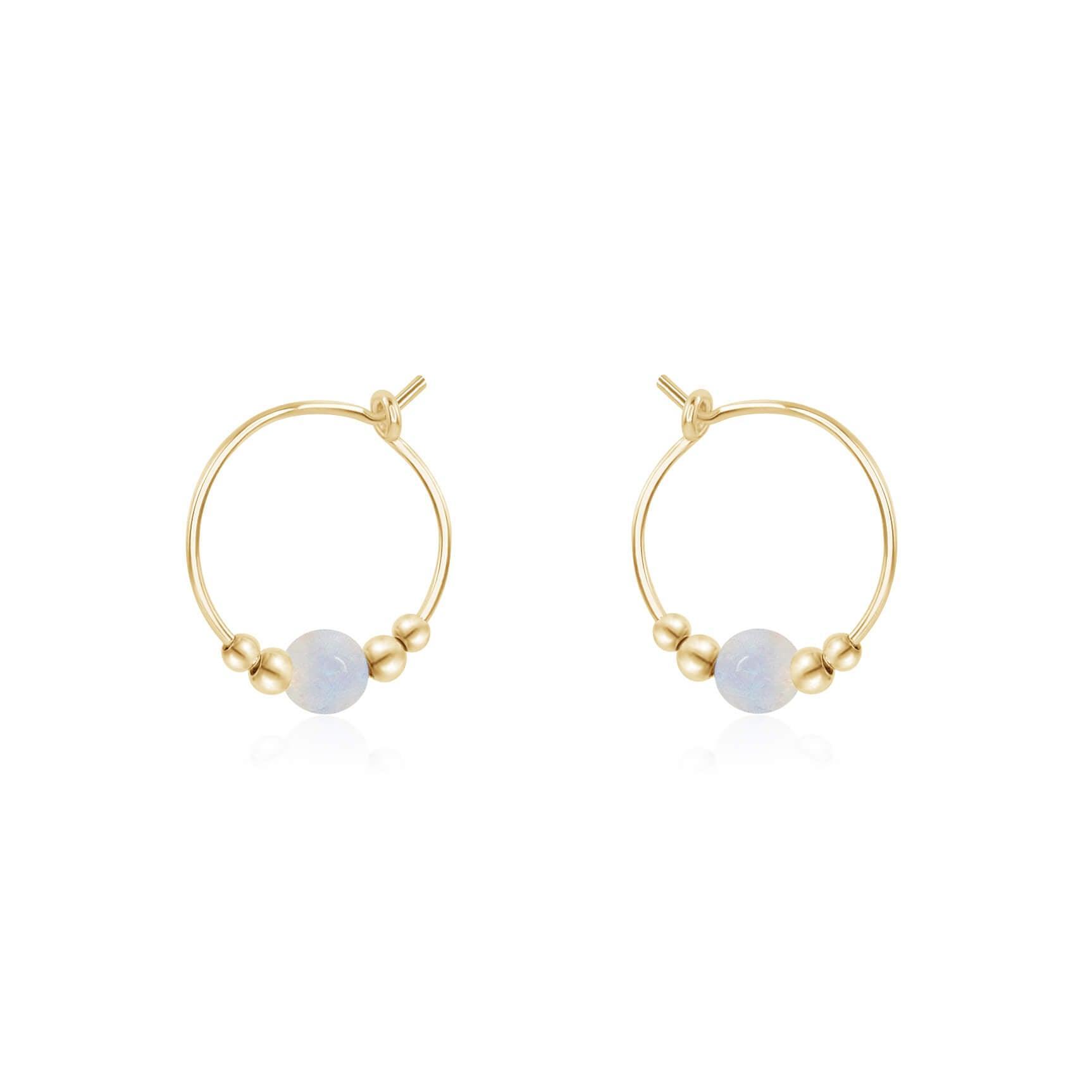 Tiny Rainbow Moonstone Bead Hoop Earrings - Tiny Rainbow Moonstone Bead Hoop Earrings - 14k Gold Fill - Luna Tide Handmade Crystal Jewellery