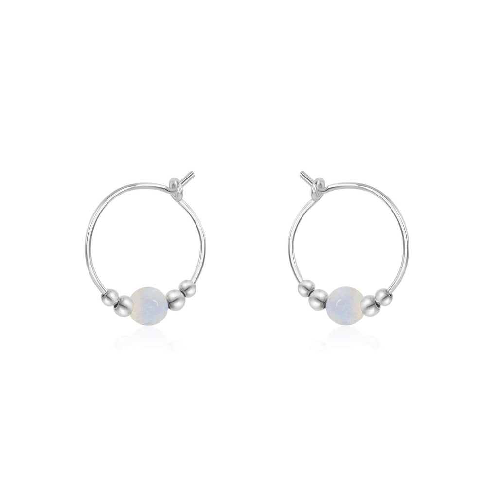 Tiny Rainbow Moonstone Bead Hoop Earrings - Tiny Rainbow Moonstone Bead Hoop Earrings - Sterling Silver - Luna Tide Handmade Crystal Jewellery