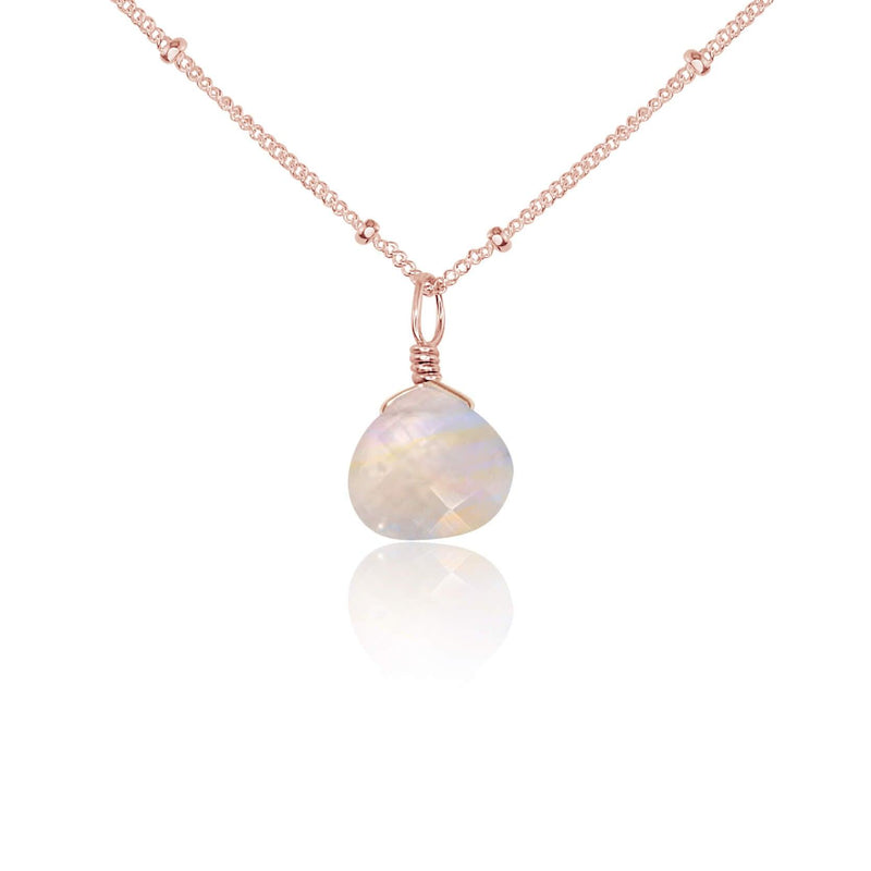 Teardrop Necklace - Rainbow Moonstone - 14K Rose Gold Fill Satellite - Luna Tide Handmade Jewellery