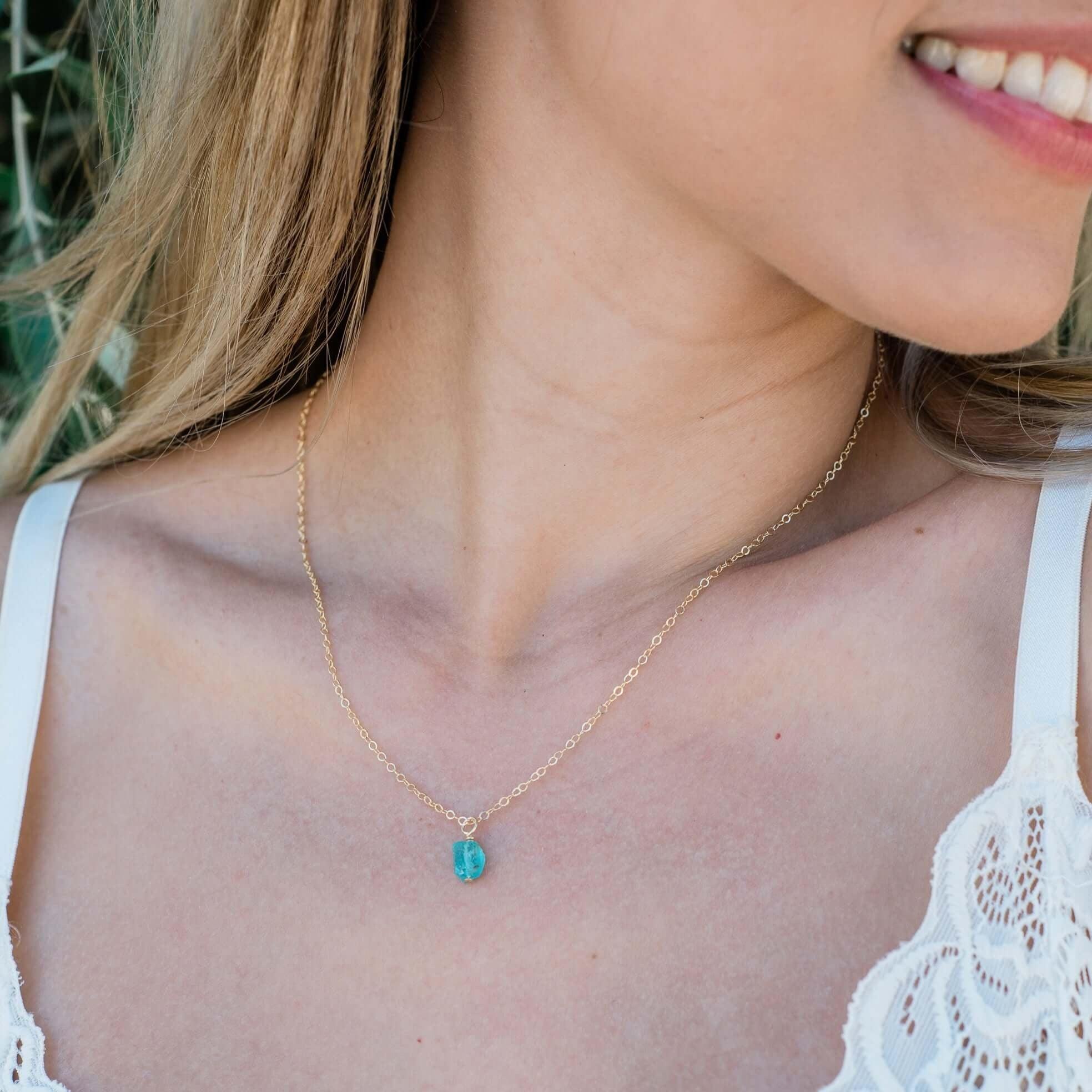 Tiny Raw Apatite Crystal Pendant Necklace - Tiny Raw Apatite Crystal Pendant Necklace - Sterling Silver / Cable - Luna Tide Handmade Crystal Jewellery
