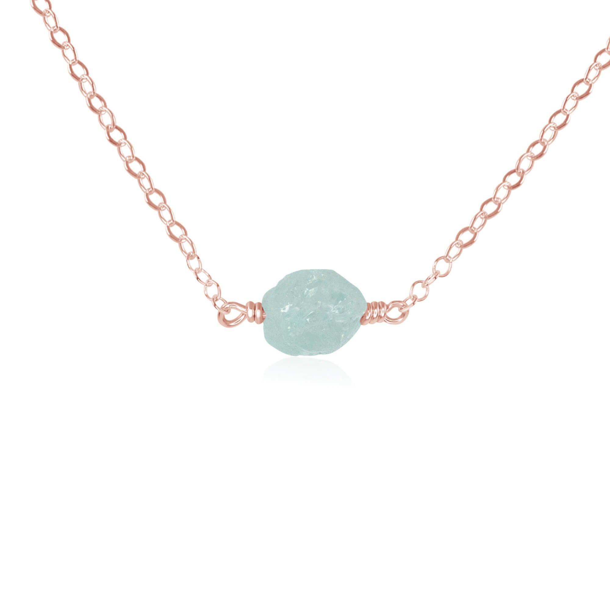 Tiny Raw Aquamarine Crystal Nugget Necklace - Tiny Raw Aquamarine Crystal Nugget Necklace - 14k Rose Gold Fill - Luna Tide Handmade Crystal Jewellery