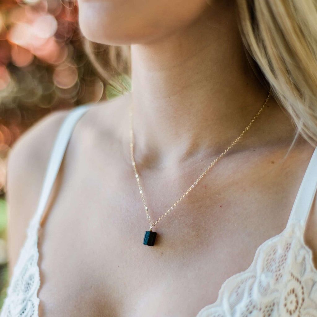 Tiny Raw Black Tourmaline Pendant Necklace - Tiny Raw Black Tourmaline Pendant Necklace - Sterling Silver / Cable - Luna Tide Handmade Crystal Jewellery