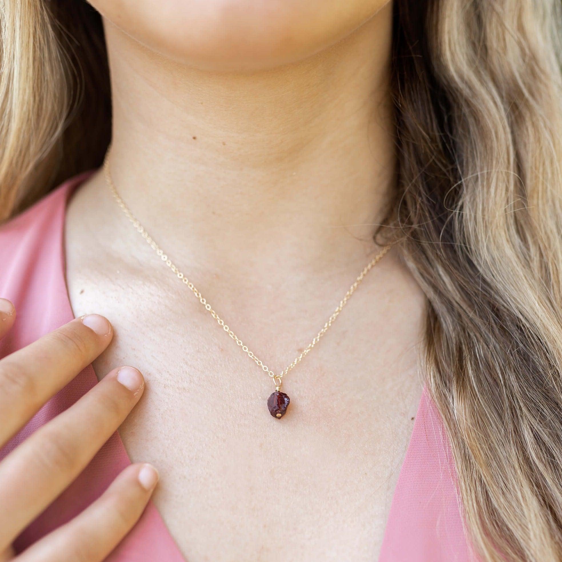 Tiny Raw Garnet Pendant Necklace - Tiny Raw Garnet Pendant Necklace - 14k Gold Fill / Cable - Luna Tide Handmade Crystal Jewellery