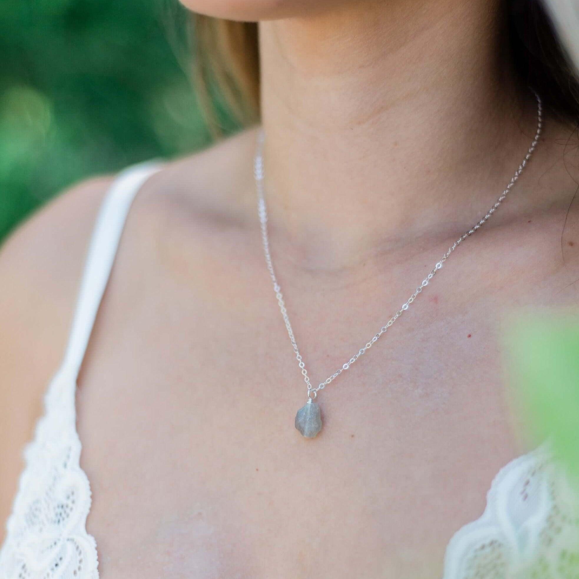 Tiny Raw Labradorite Pendant Necklace - Tiny Raw Labradorite Pendant Necklace - Sterling Silver / Cable - Luna Tide Handmade Crystal Jewellery