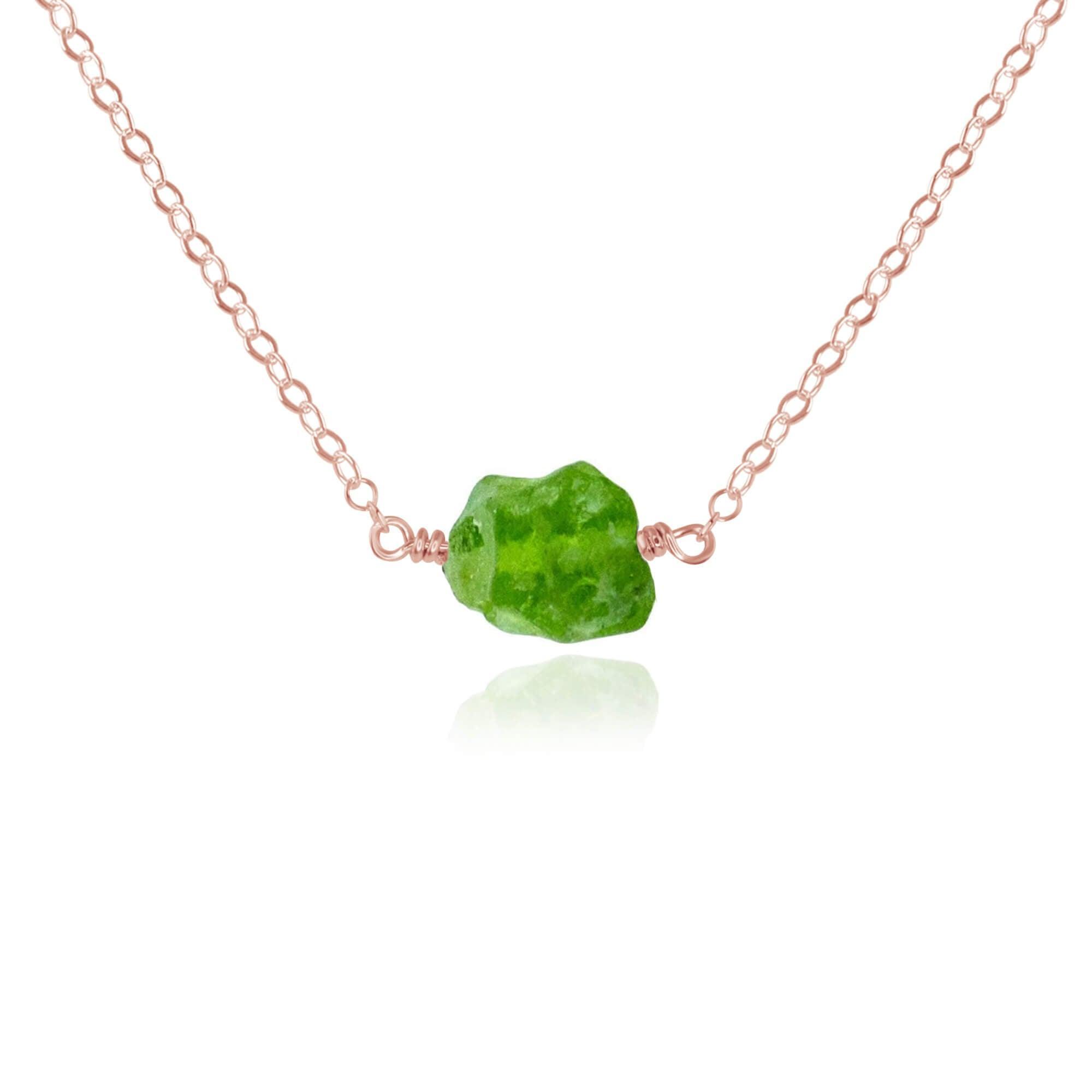 Tiny Raw Peridot Crystal Nugget Necklace - Tiny Raw Peridot Crystal Nugget Necklace - 14k Rose Gold Fill - Luna Tide Handmade Crystal Jewellery