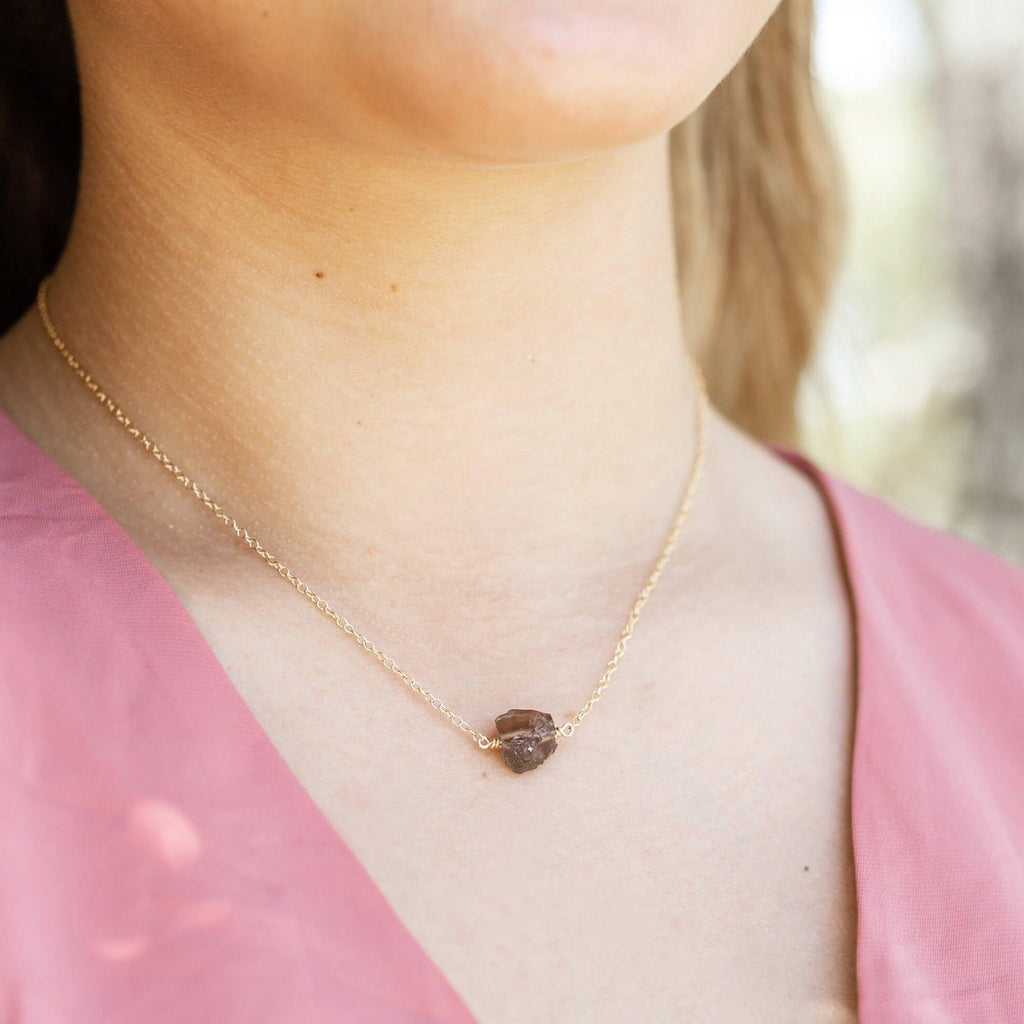 Tiny Raw Smoky Quartz Crystal Nugget Necklace - Tiny Raw Smoky Quartz Crystal Nugget Necklace - 14k Gold Fill - Luna Tide Handmade Crystal Jewellery