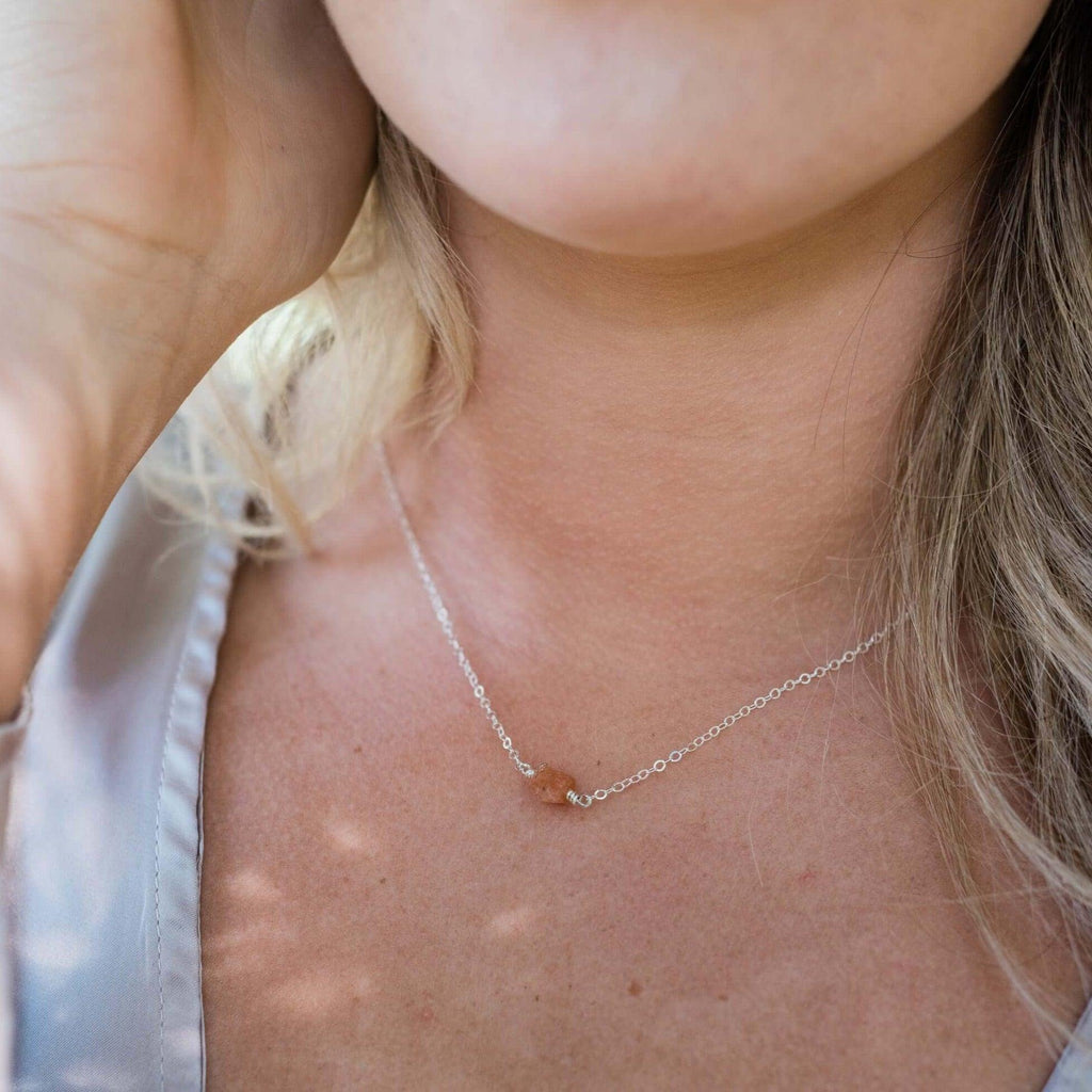 Tiny Raw Sunstone Crystal Nugget Necklace - Tiny Raw Sunstone Crystal Nugget Necklace - Sterling Silver - Luna Tide Handmade Crystal Jewellery