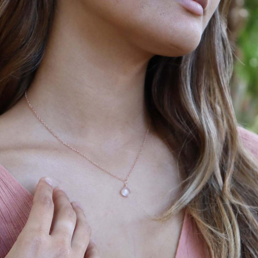 Tiny Rose Quartz Teardrop Crystal Necklace - Tiny Rose Quartz Teardrop Crystal Necklace - Sterling Silver / Cable - Luna Tide Handmade Crystal Jewellery