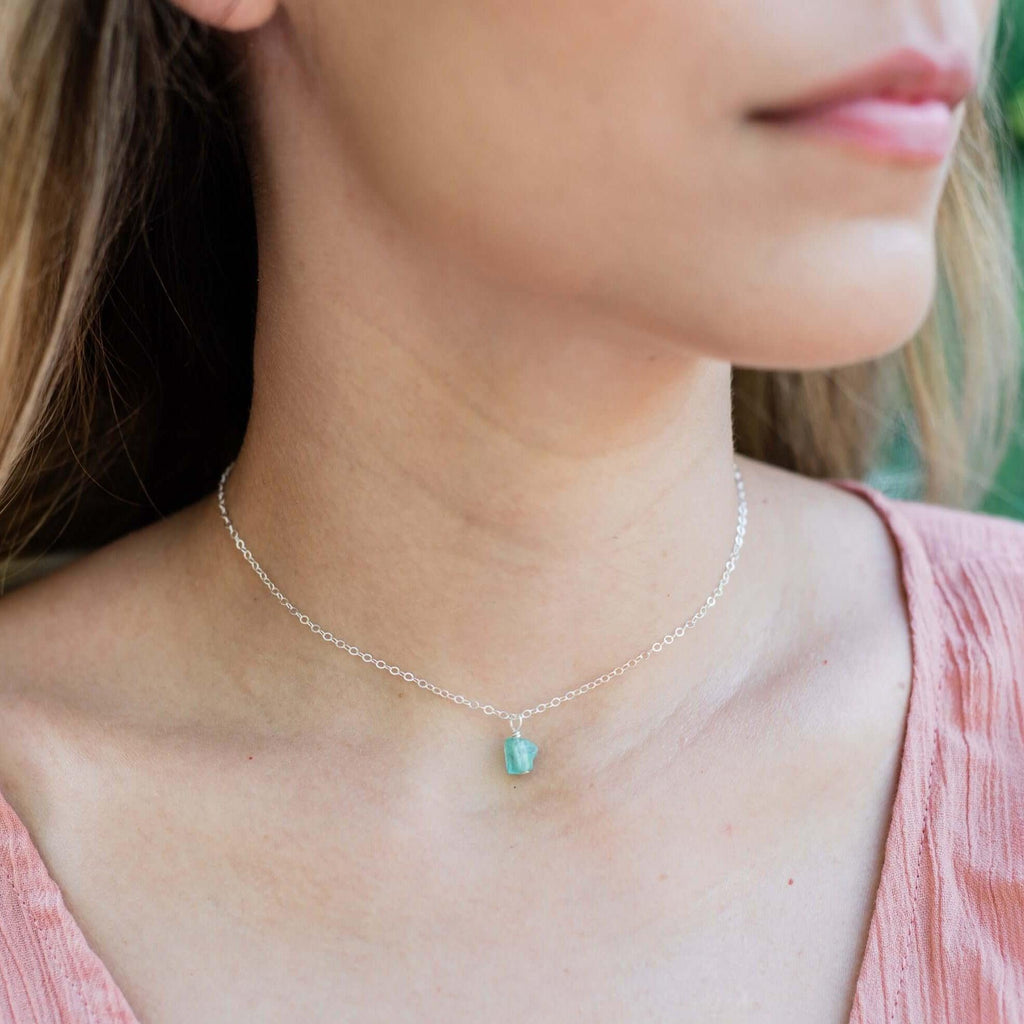 Tiny Rough Apatite Gemstone Pendant Choker - Tiny Rough Apatite Gemstone Pendant Choker - Sterling Silver / Cable - Luna Tide Handmade Crystal Jewellery