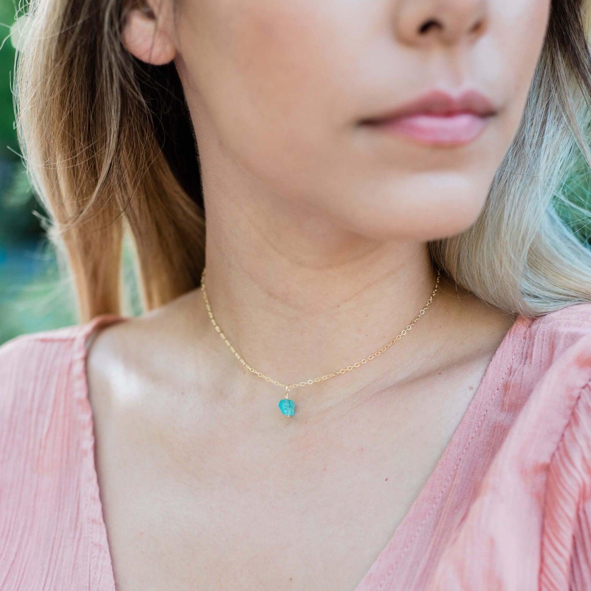 Tiny Rough Apatite Gemstone Pendant Choker - Tiny Rough Apatite Gemstone Pendant Choker - Sterling Silver / Cable - Luna Tide Handmade Crystal Jewellery